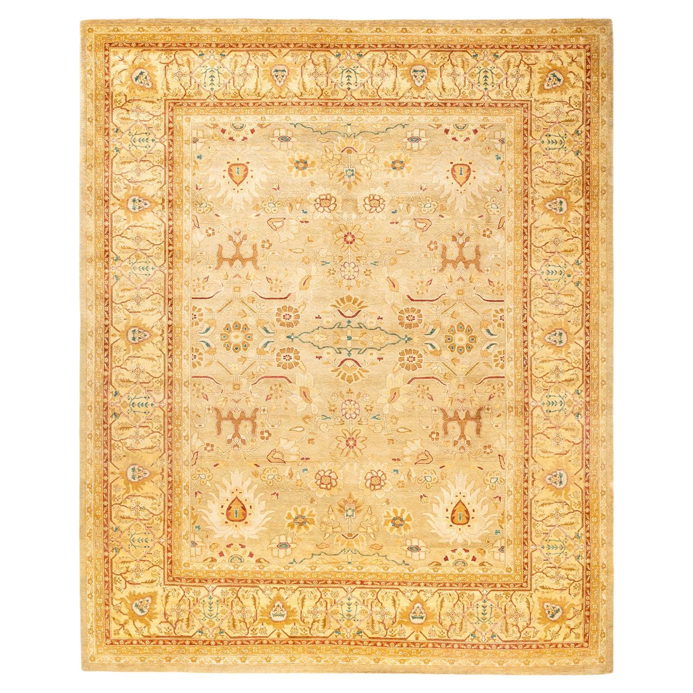Tapis traditionnel Mogul jaune unique fait à la main, unique en son genre