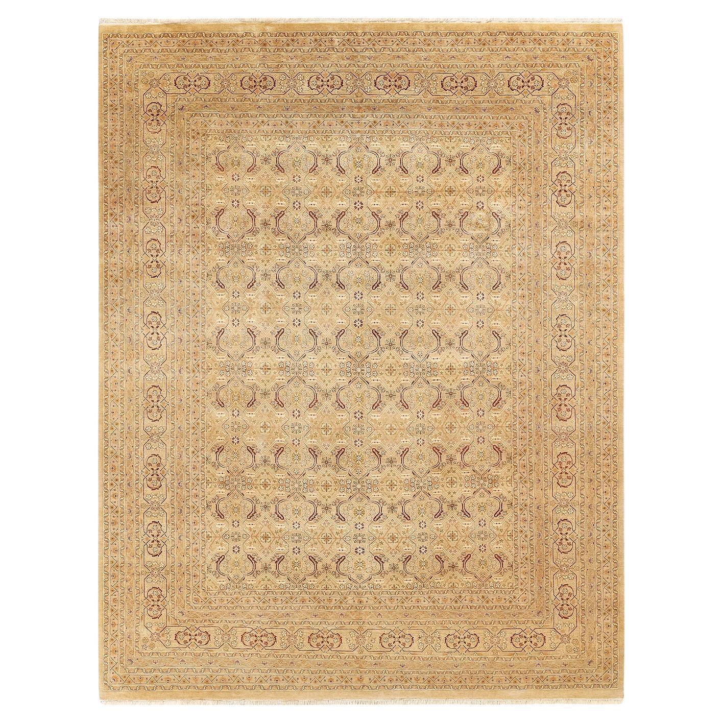 Tapis traditionnel Mogul jaune unique fait à la main, unique en son genre
