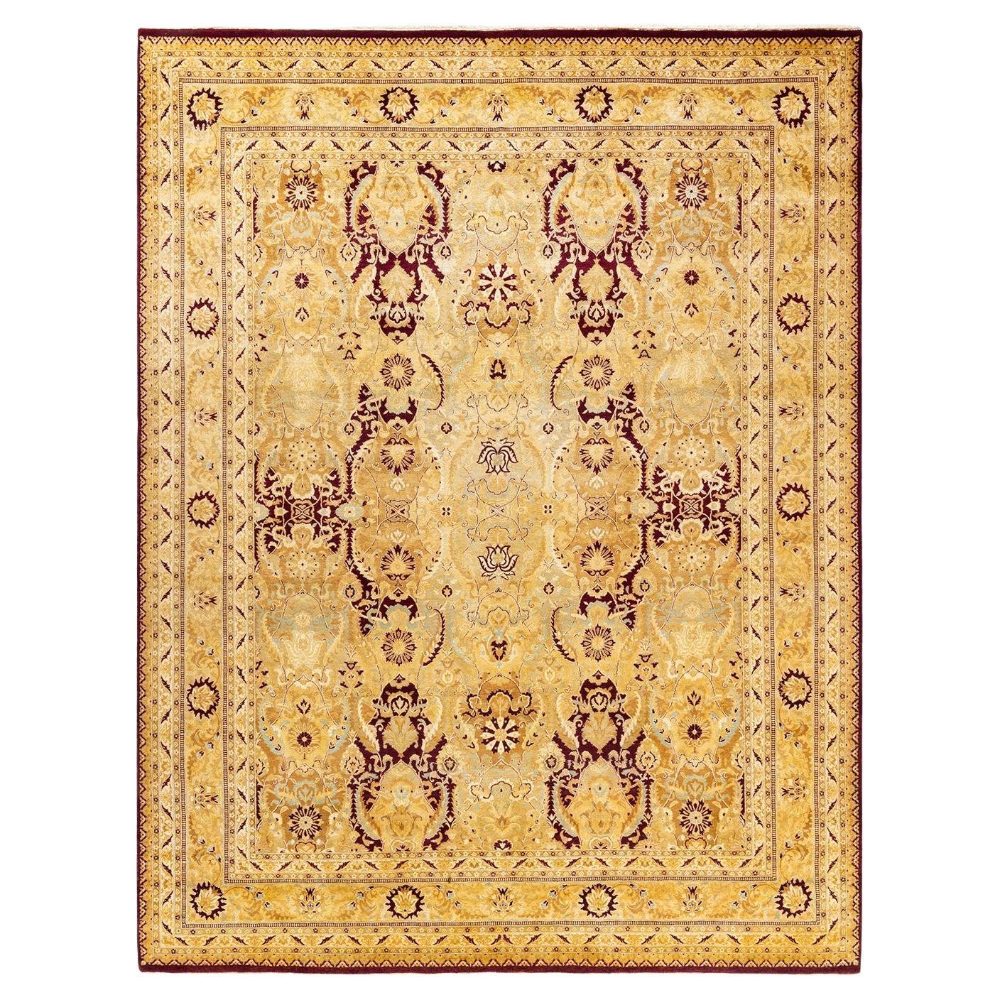 One-of-a-kind Hand Made Traditional Mogul Yellow Area Rug  8' 3" x 10' 7"  For Sale