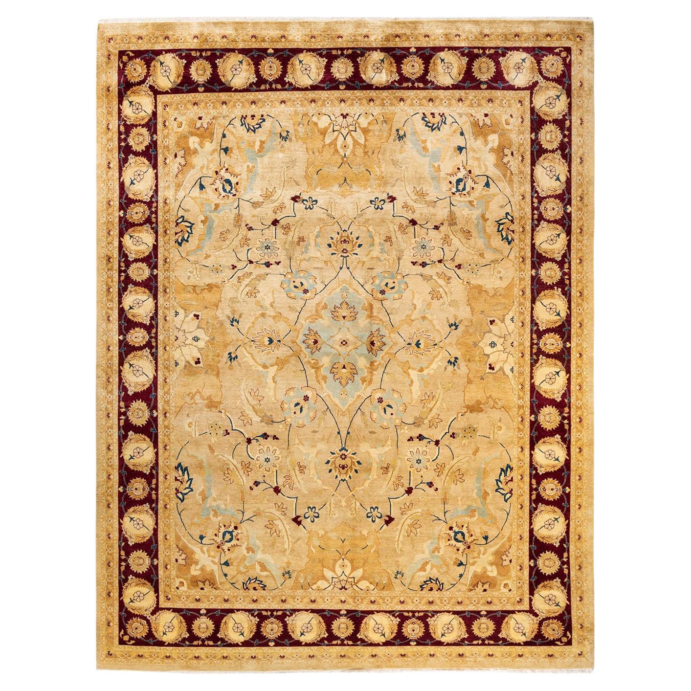 Tapis traditionnel Mogul jaune unique fait à la main, unique en son genre