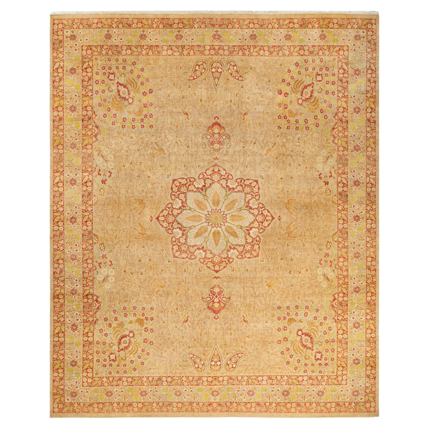 Tapis traditionnel Mogul jaune unique fait à la main, unique en son genre