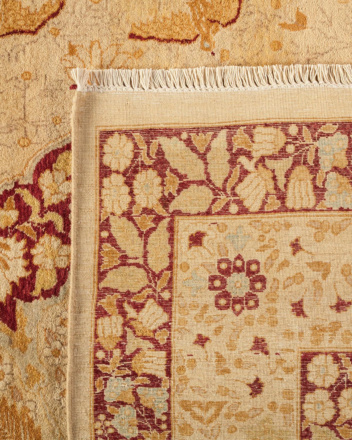 Noué à la main Tapis traditionnel Mogul jaune unique fait à la main, unique en son genre en vente