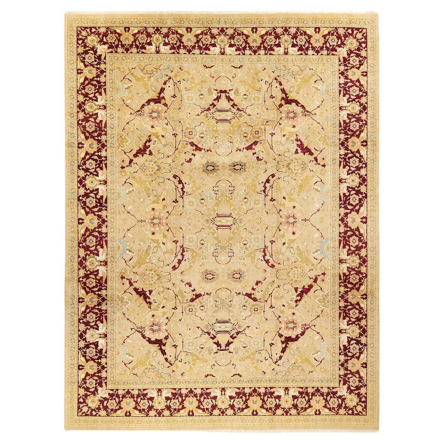 Tapis traditionnel Mogul jaune unique fait à la main, unique en son genre