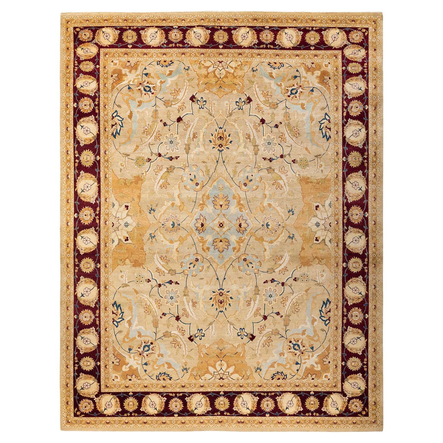 Tapis traditionnel Mogul jaune unique fait à la main, unique en son genre