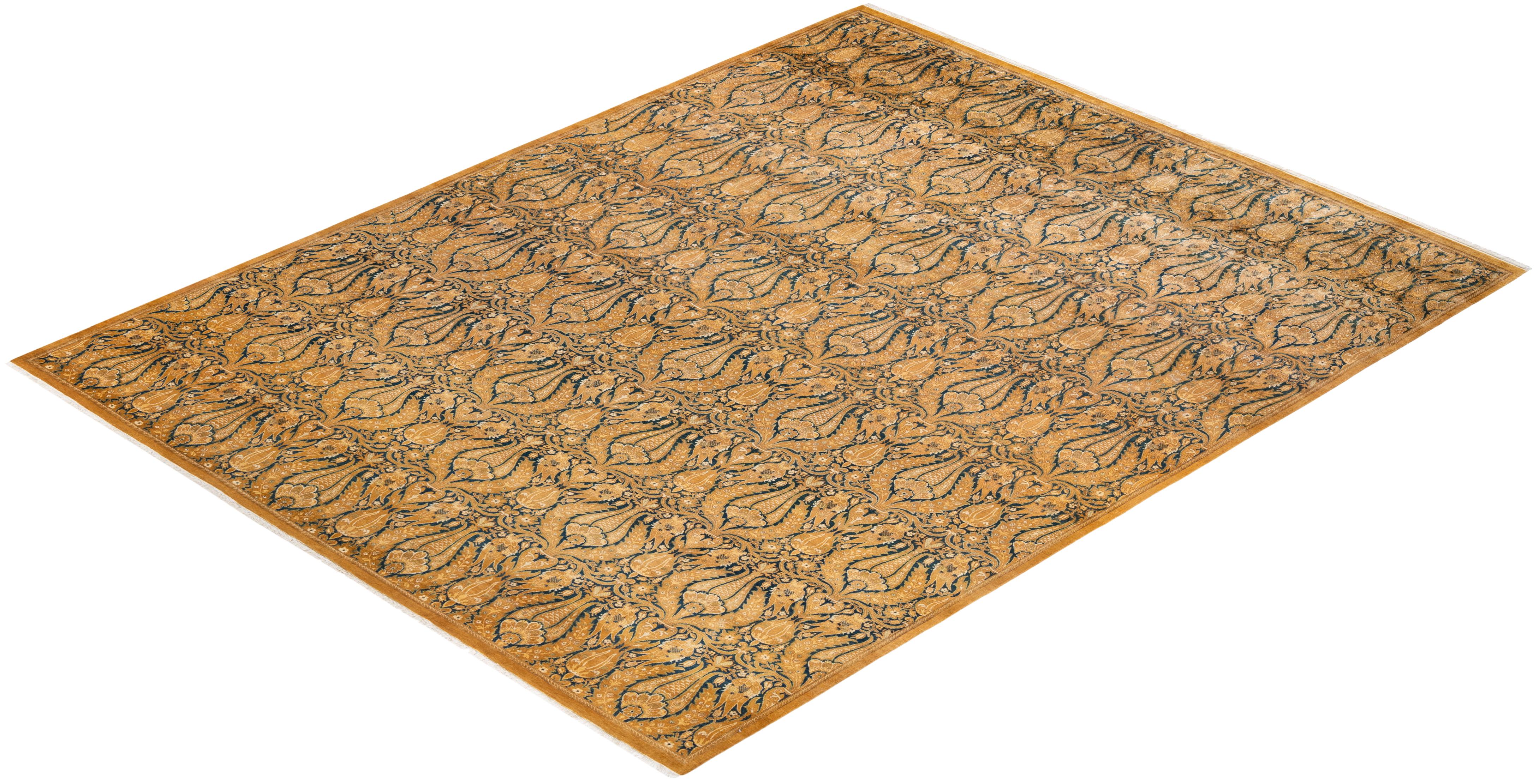 Contemporary One-of-a-Kind Hand Made Traditional Mogul Yellow Area Rug For Sale