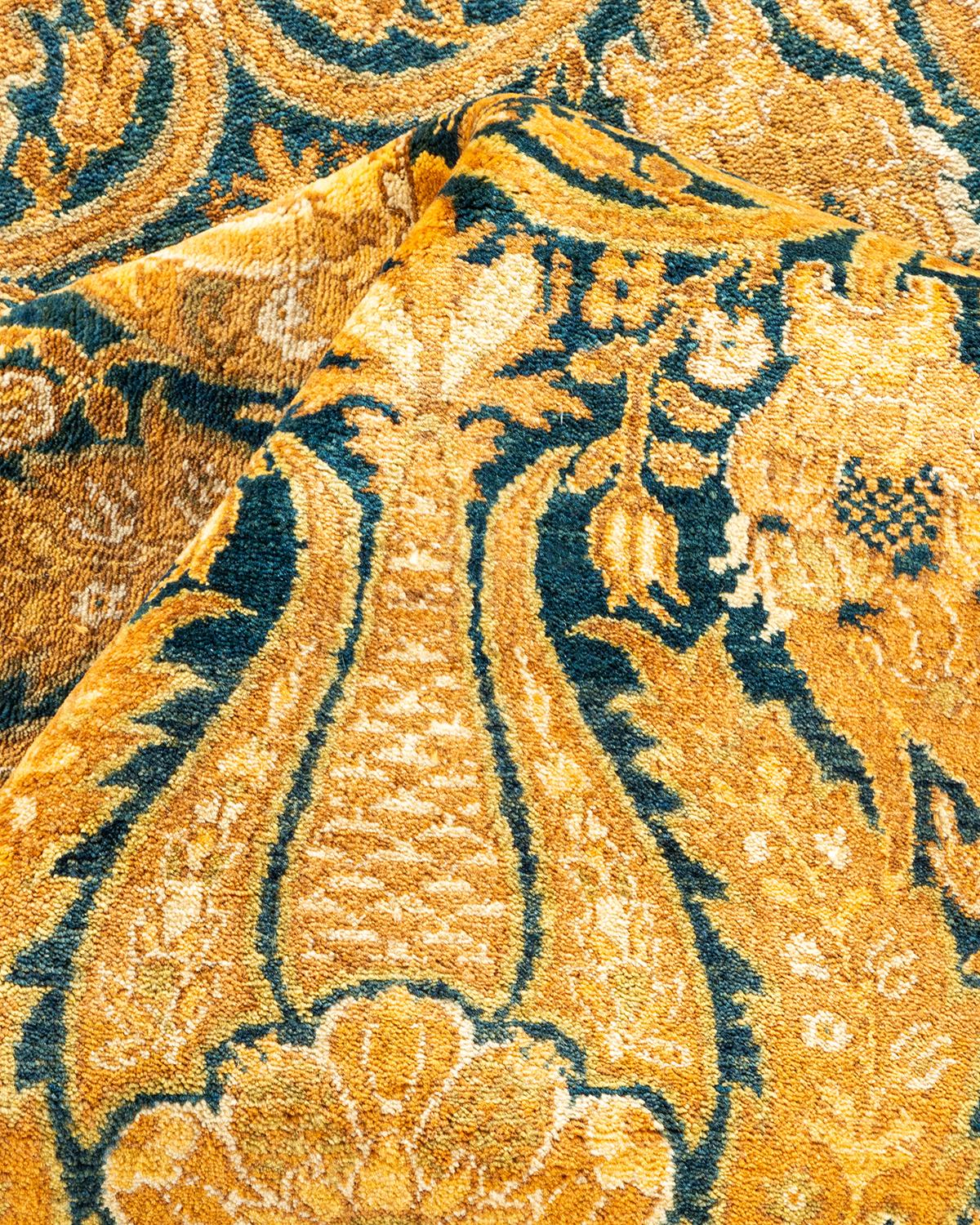 Wool One-of-a-Kind Hand Made Traditional Mogul Yellow Area Rug For Sale