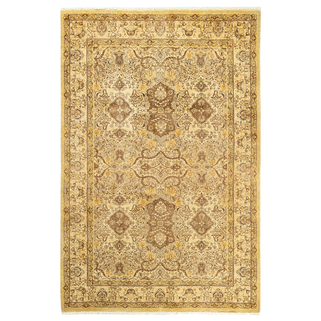 Tapis traditionnel Mogul jaune unique fait à la main, unique en son genre