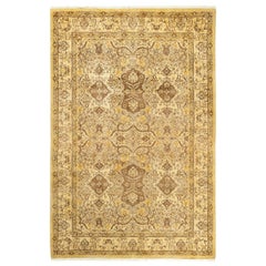 Tapis traditionnel Mogul jaune unique fait à la main, unique en son genre