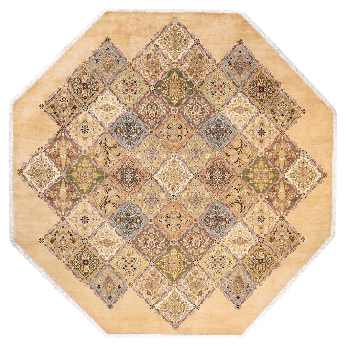 Tapis traditionnel Mogul jaune unique fait à la main, unique en son genre