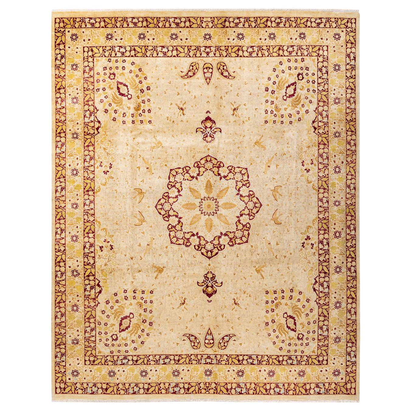 Tapis traditionnel Mogul jaune unique fait à la main, unique en son genre