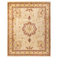 Tapis traditionnel Mogul jaune unique fait à la main, unique en son genre