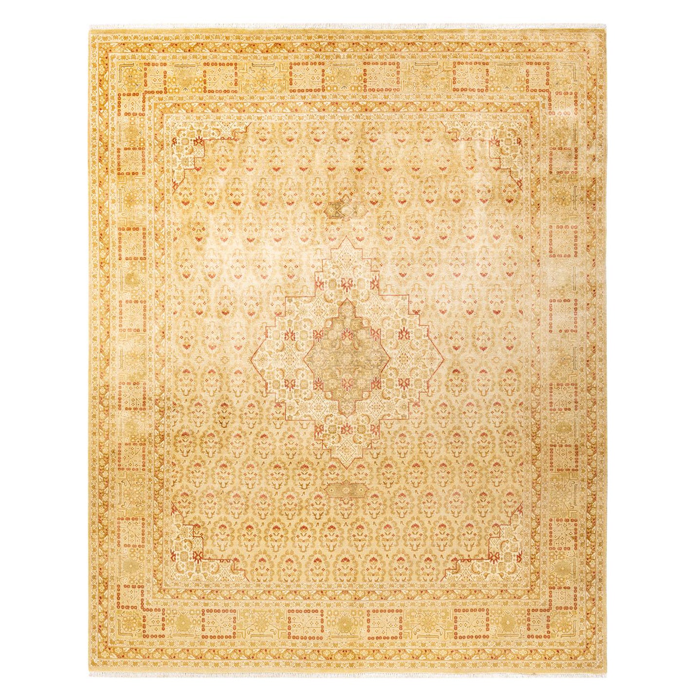Tapis traditionnel Mogul jaune unique fait à la main, unique en son genre