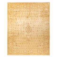 Tapis traditionnel Mogul jaune unique fait à la main, unique en son genre