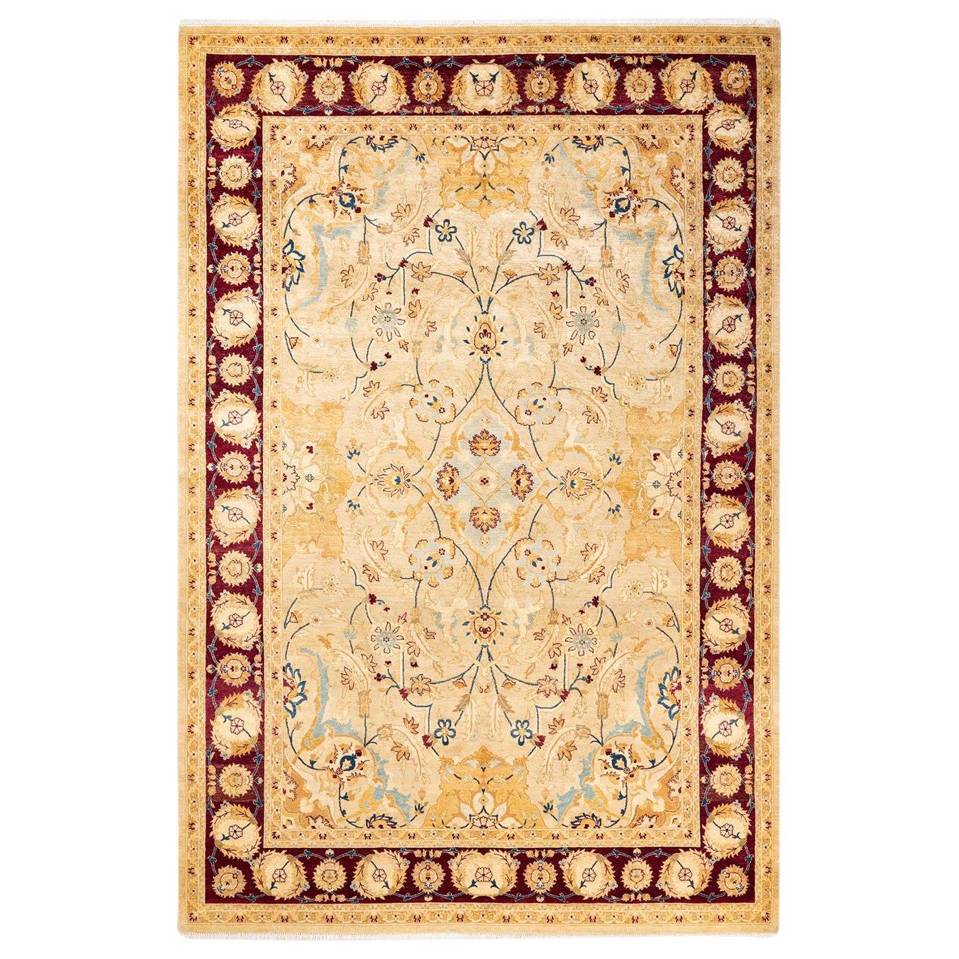 Tapis traditionnel Mogul jaune unique fait à la main, unique en son genre