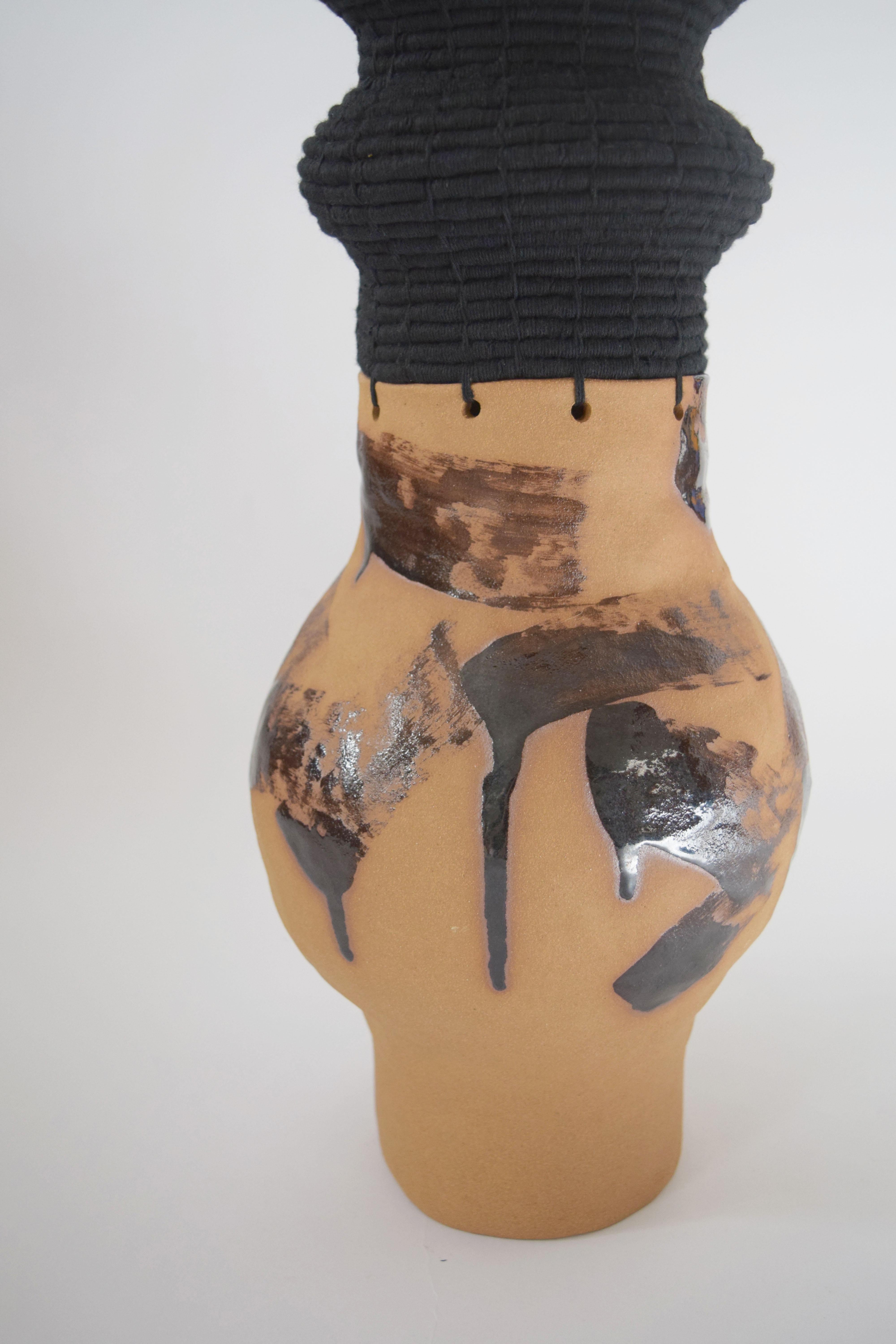 Hand-Crafted One of a Kind Hand Painted Ceramic and Woven Cotton Vessel in Natural and Black