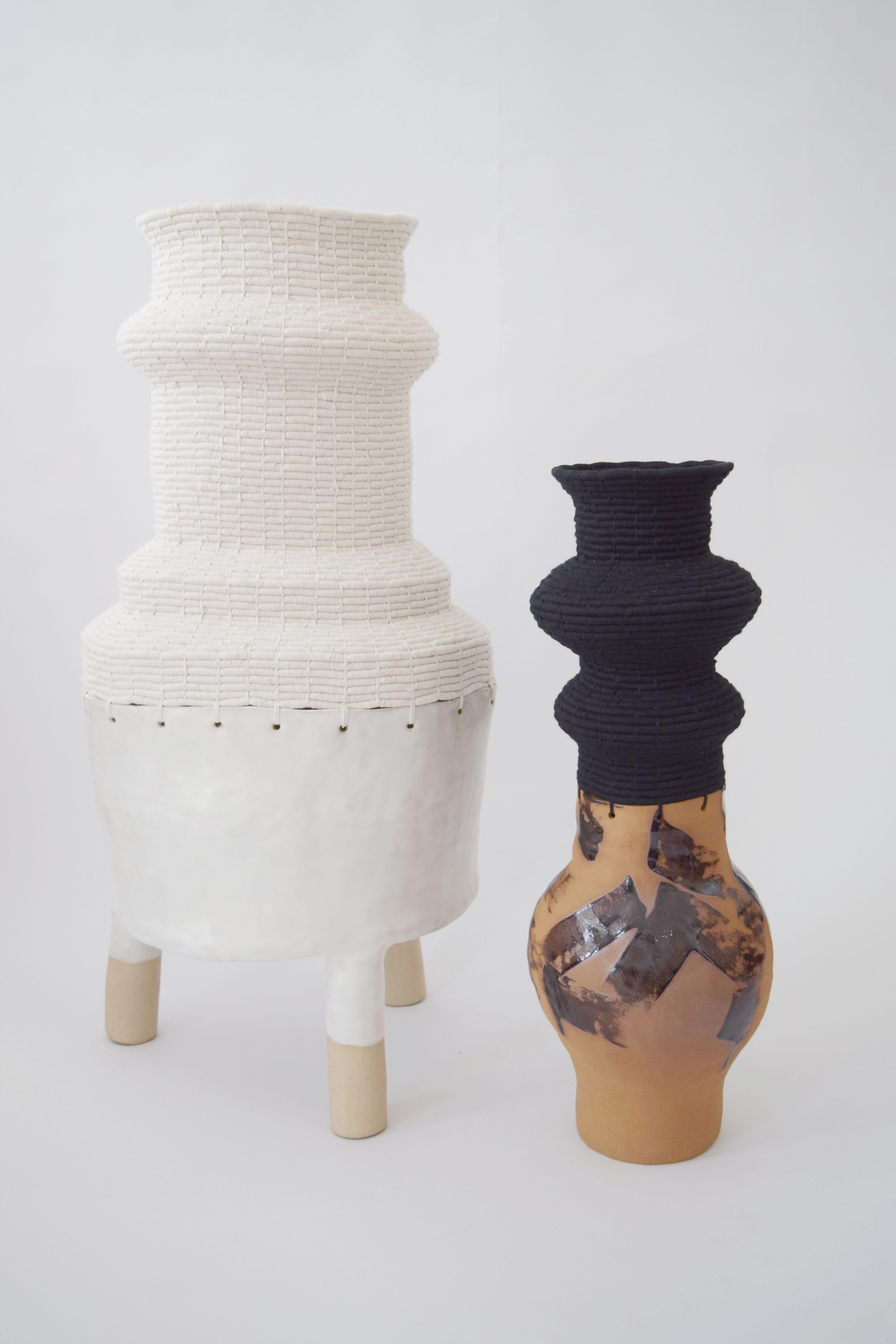 Contemporary One of a Kind Hand Painted Ceramic and Woven Cotton Vessel in Natural and Black