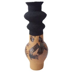 One of a Kind Hand Painted Ceramic and Woven Cotton Vessel in Natural and Black