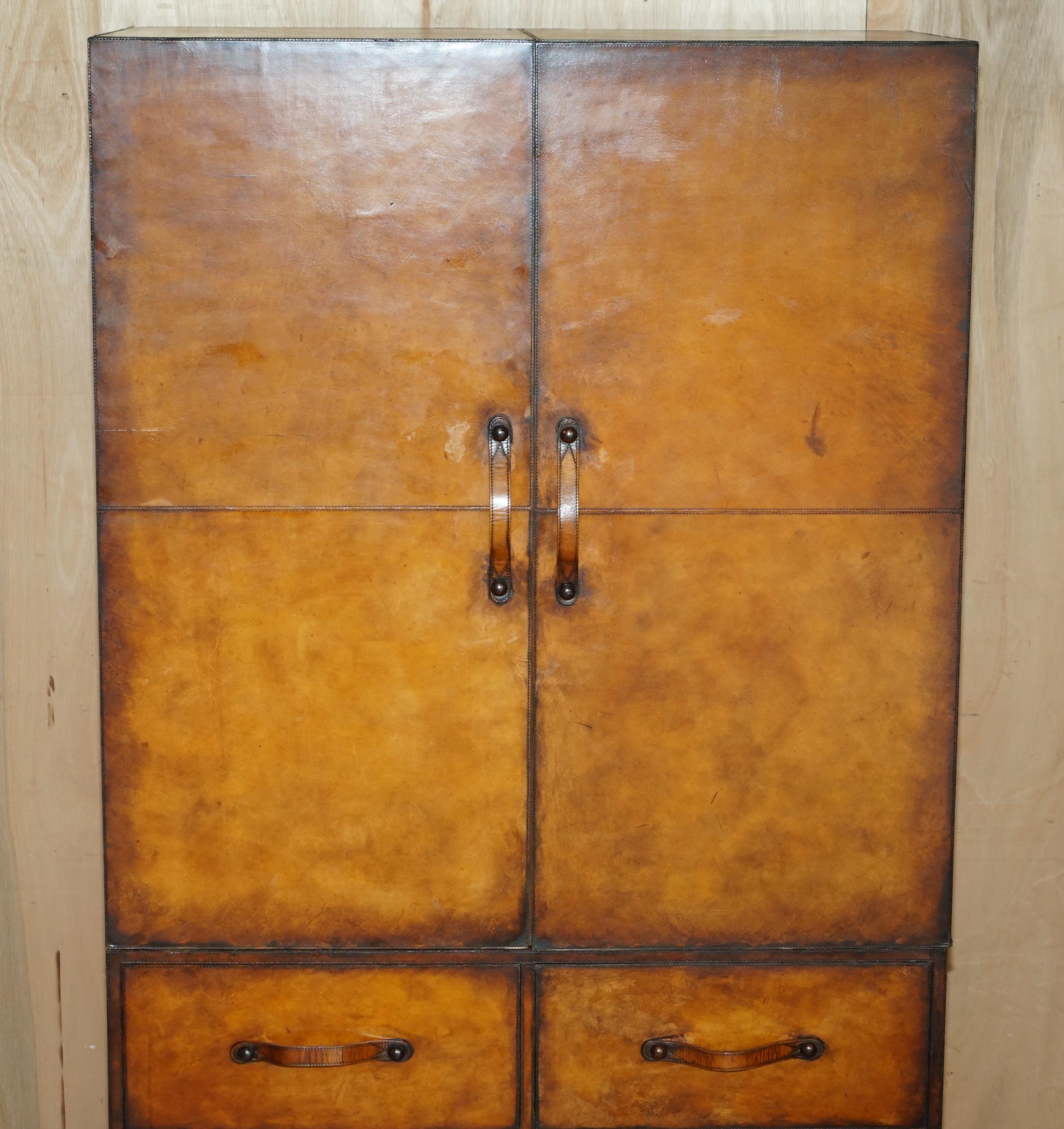 Art Deco ONE OF A KIND HAND STITCHED & HAND DYED BROWN LEATHER WARDROBE WITH DRAWERs For Sale