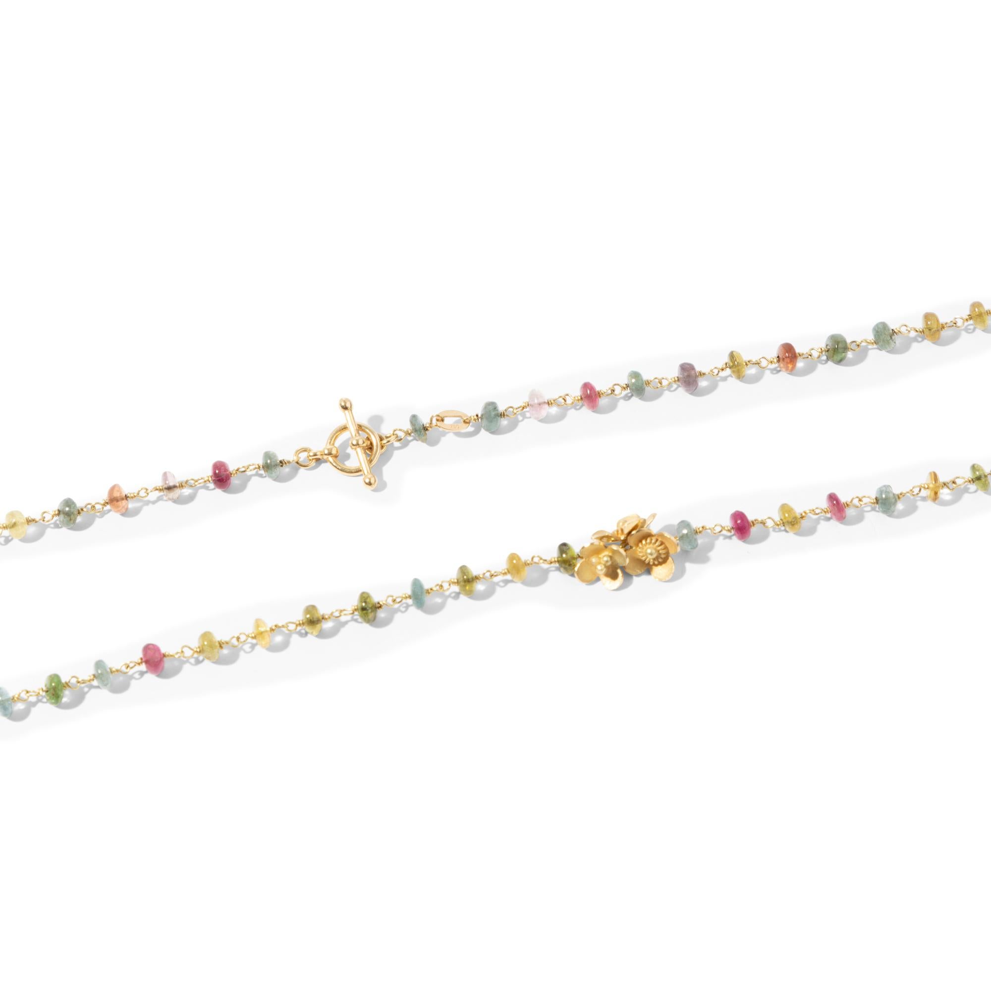 Perle Collier Sautoir en or 18k et perles de tourmaline, fabriqué à la main et unique en son genre en vente