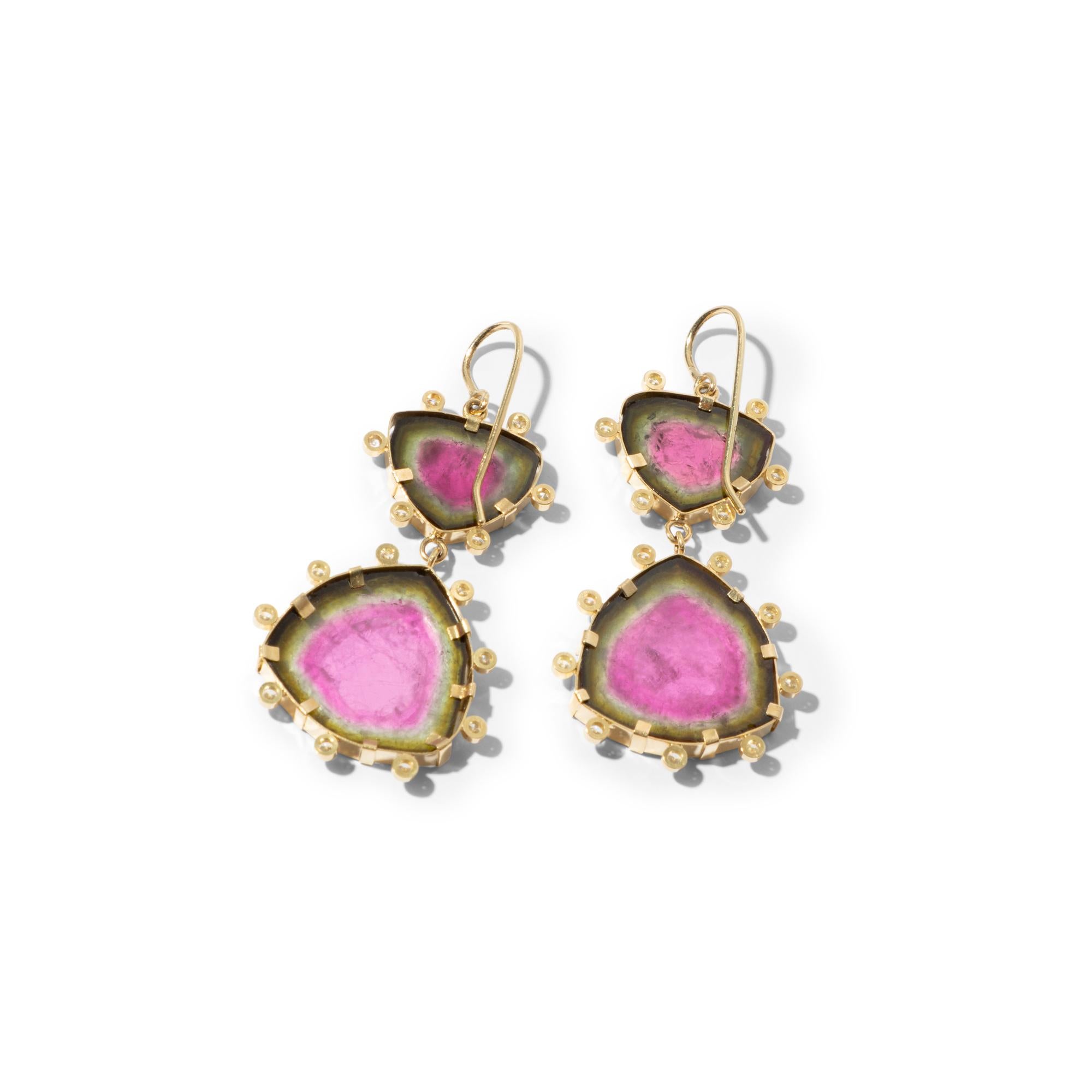 Artisan One-of-a-kind Handcrafted 18k Gold Watermelon Tourmaline and Diamond Earrings For Sale