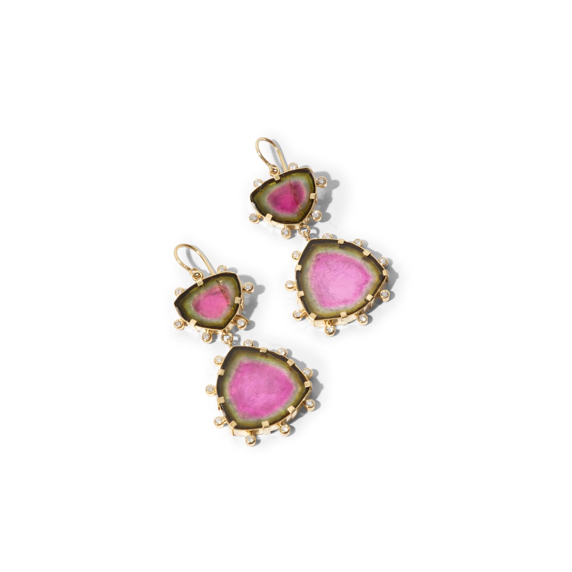Mixed Cut One-of-a-kind Handcrafted 18k Gold Watermelon Tourmaline and Diamond Earrings For Sale