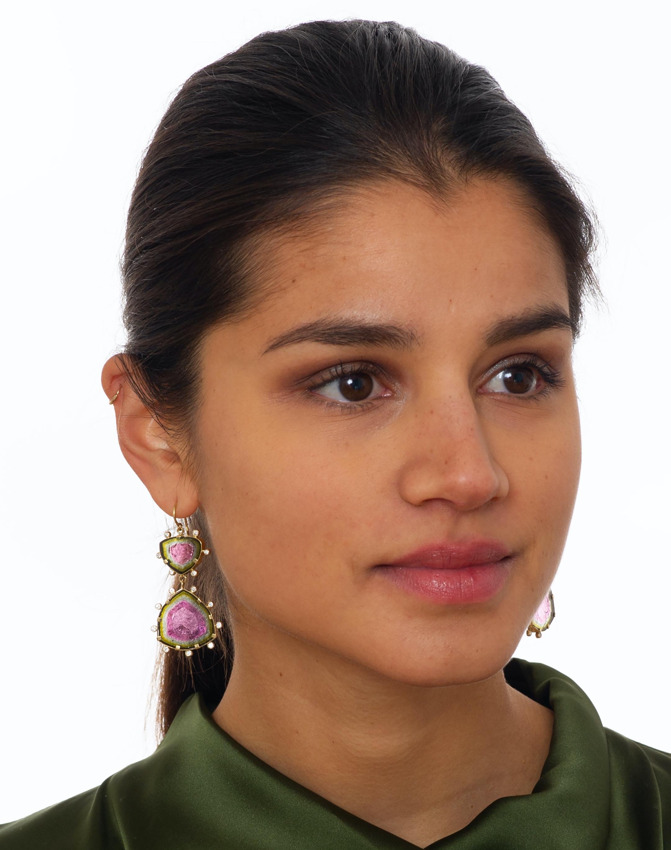 Women's One-of-a-kind Handcrafted 18k Gold Watermelon Tourmaline and Diamond Earrings For Sale