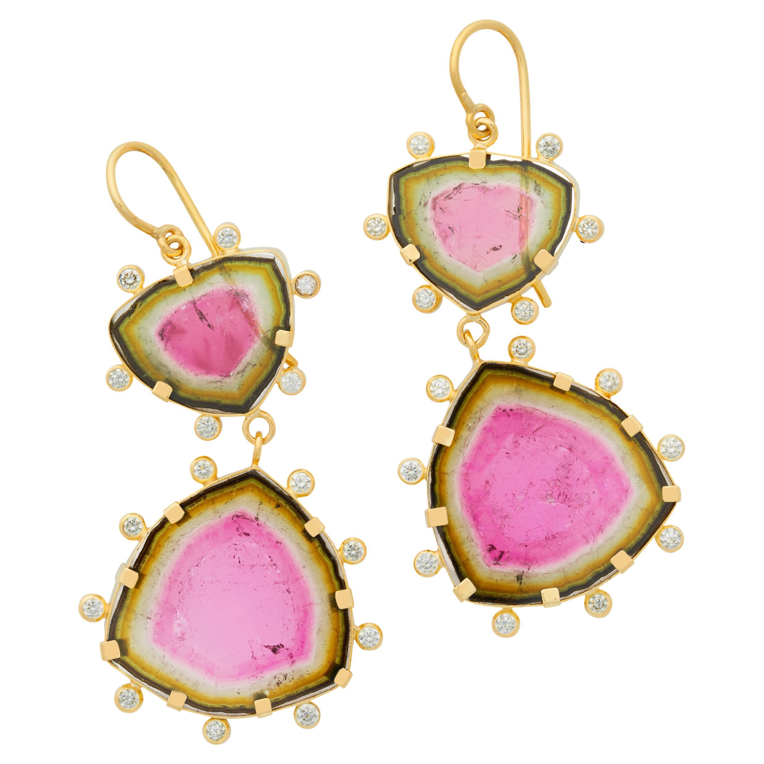 One-of-a-kind Handcrafted 18k Gold Watermelon Tourmaline and Diamond Earrings For Sale