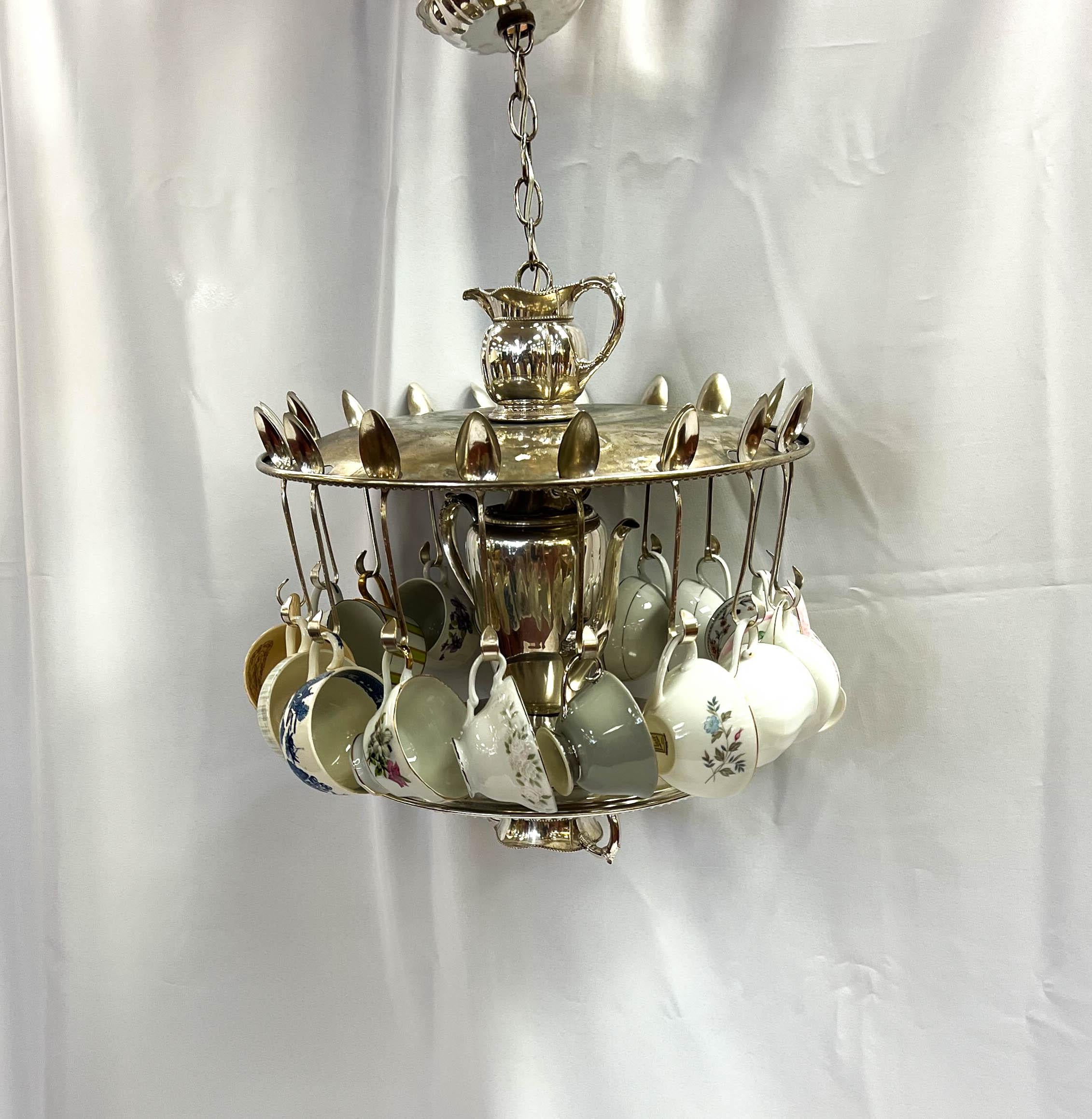 Silver Plate One-Of-A-Kind Handcrafted Teacup Chandelier