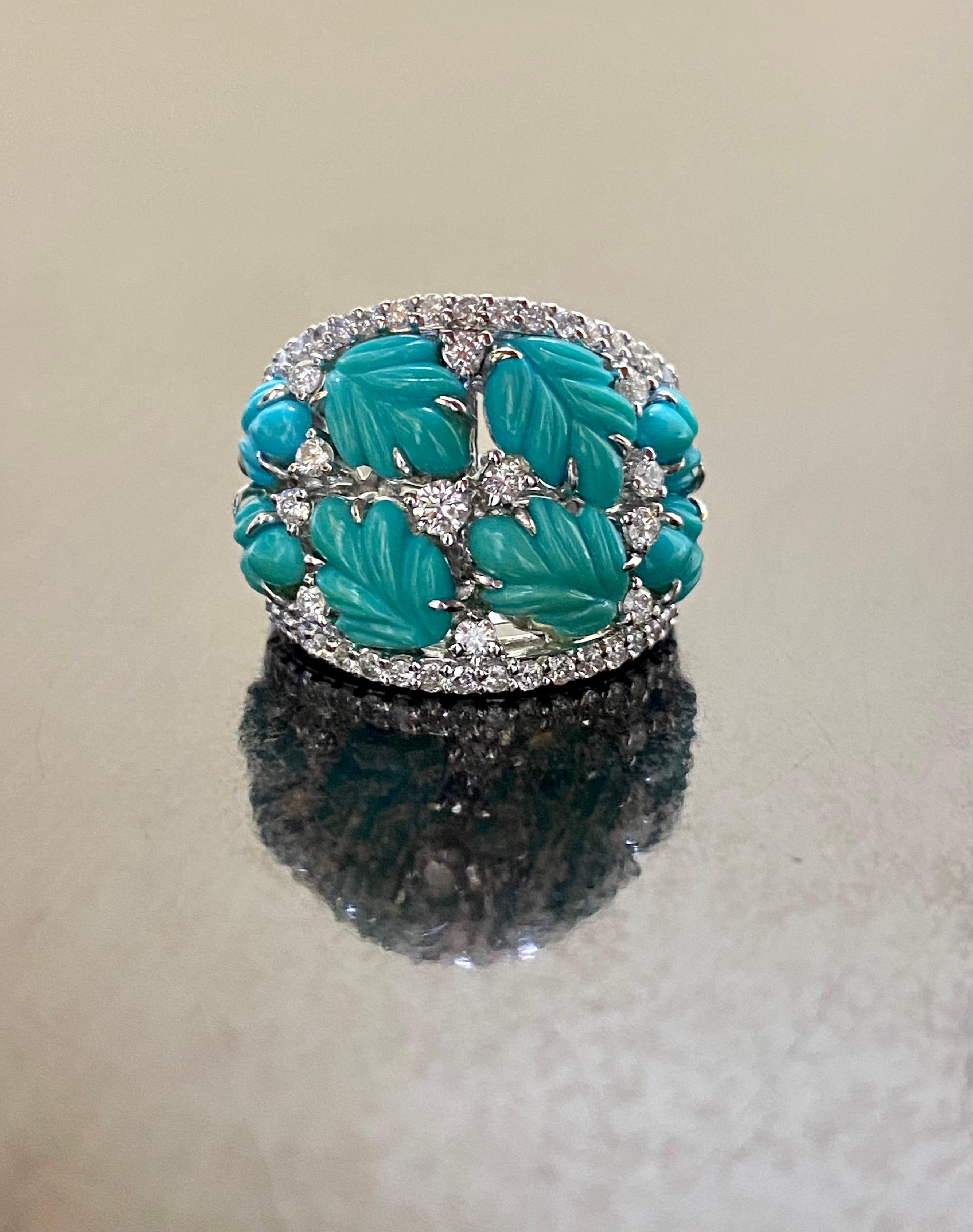 One of a Kind Handmade 18K White Gold Carved Turquoise Diamond Cocktail Ring For Sale 4