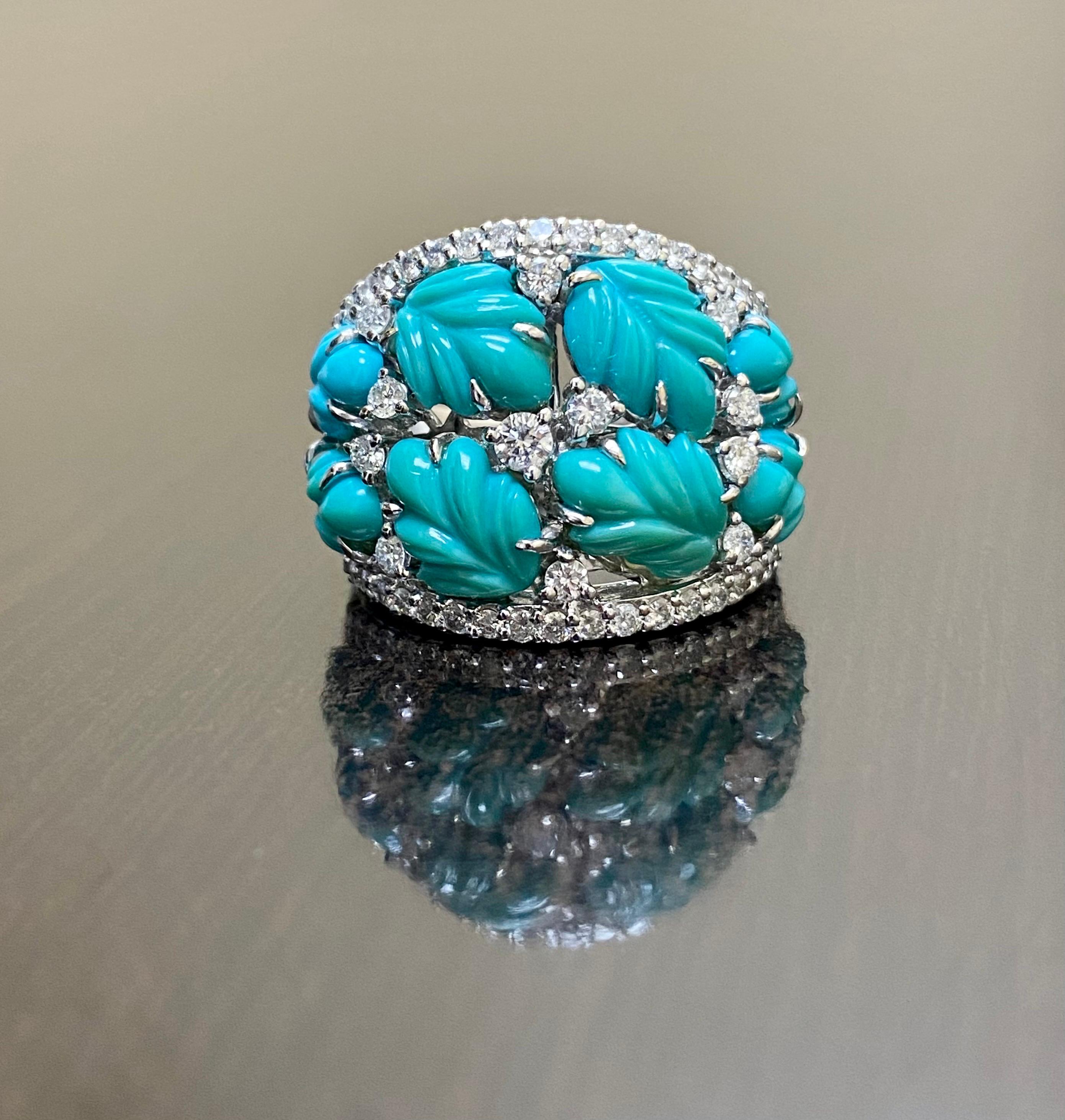 One of a Kind Handmade 18K White Gold Carved Turquoise Diamond Cocktail Ring For Sale 5