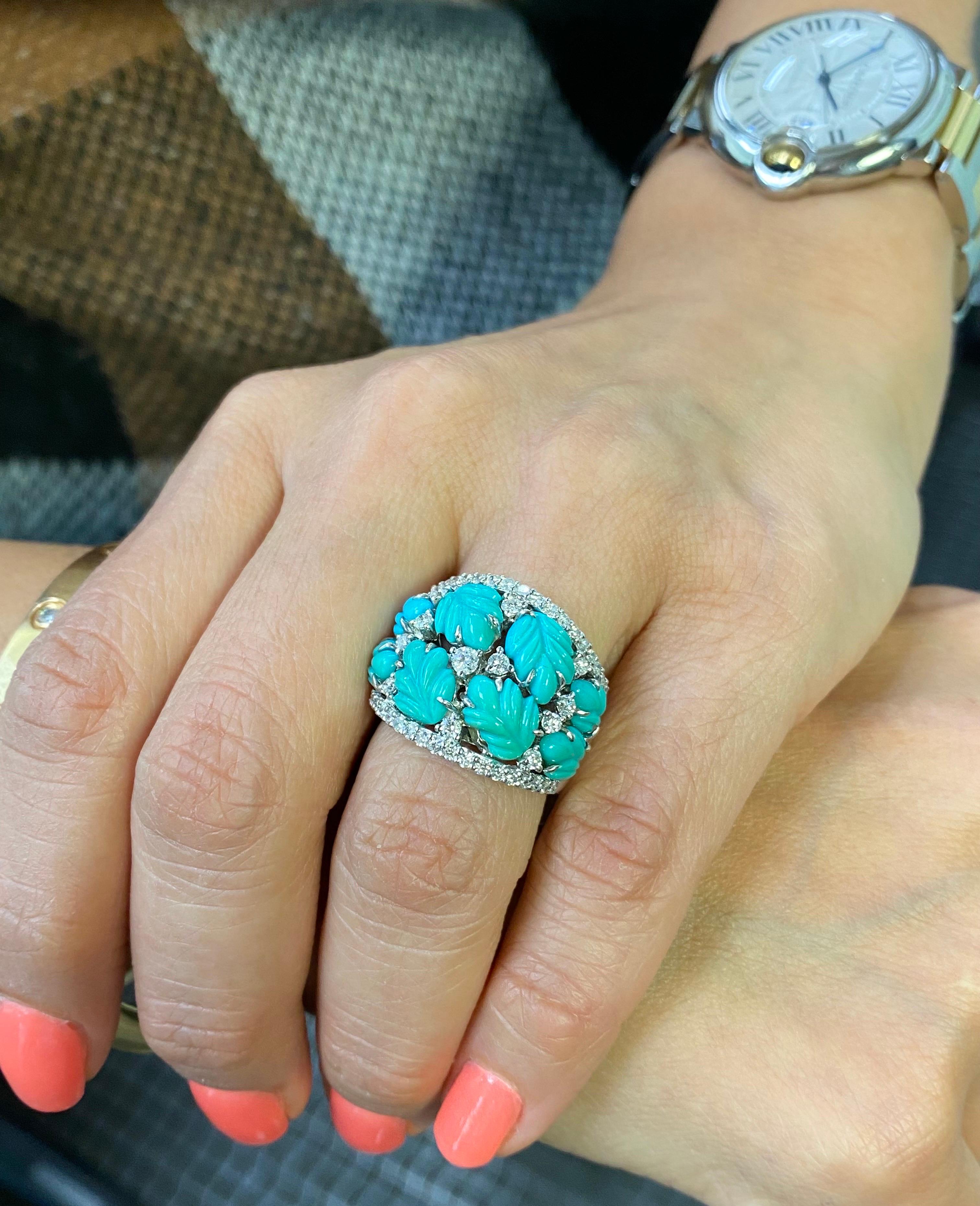 One of a Kind Handmade 18K White Gold Carved Turquoise Diamond Cocktail Ring For Sale 6