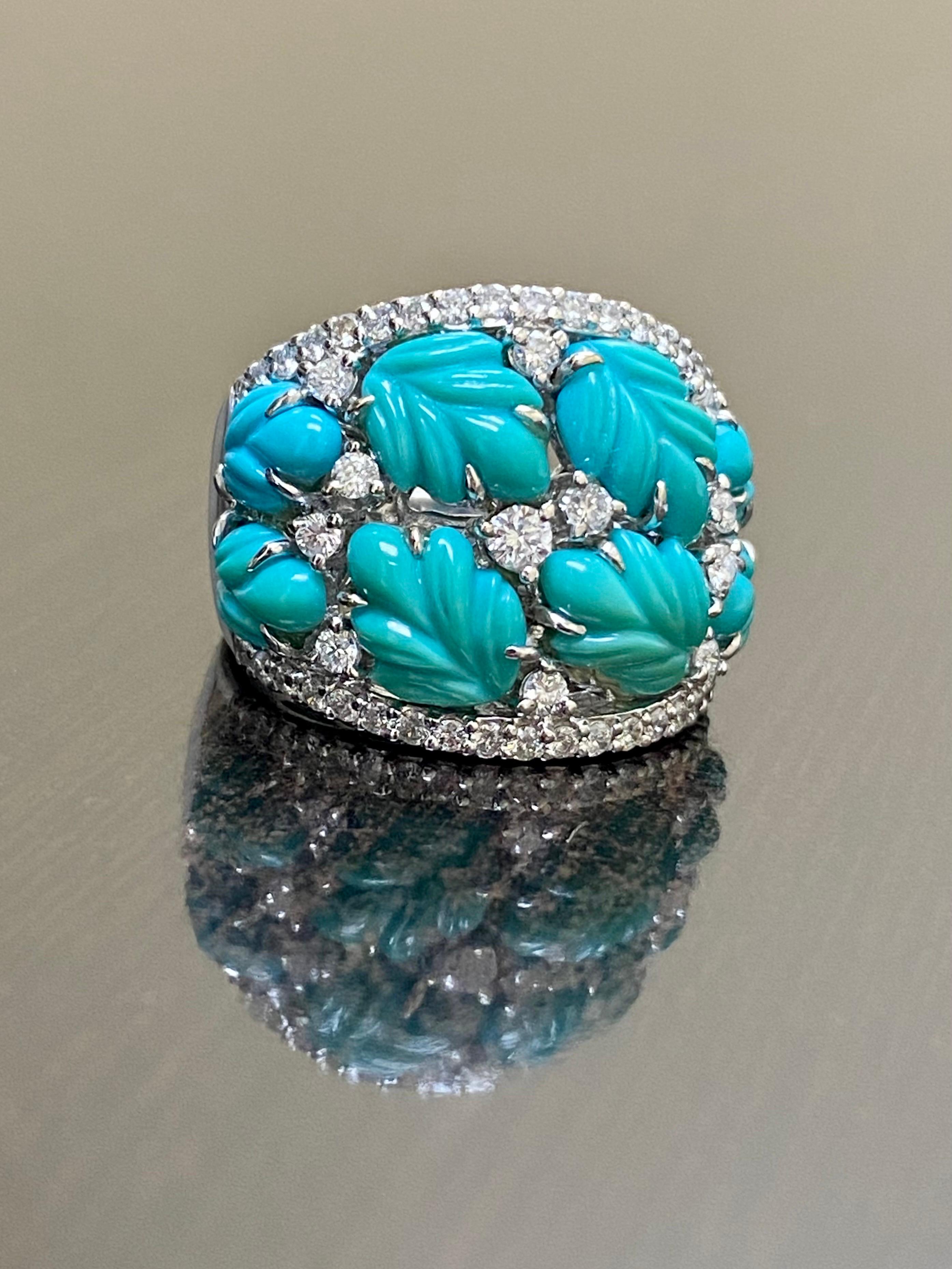 DeKara Design ONE OF A KIND COLLECTION

Metal-18K White Gold, .750.

Stones- Natural 8 Specially Cut Turquoise, 48 Round Diamonds F-G Color SI1 Clarity 0.86 Carats.  

Here is your chance to have a piece of art on your hand! 
 Specially made 18K