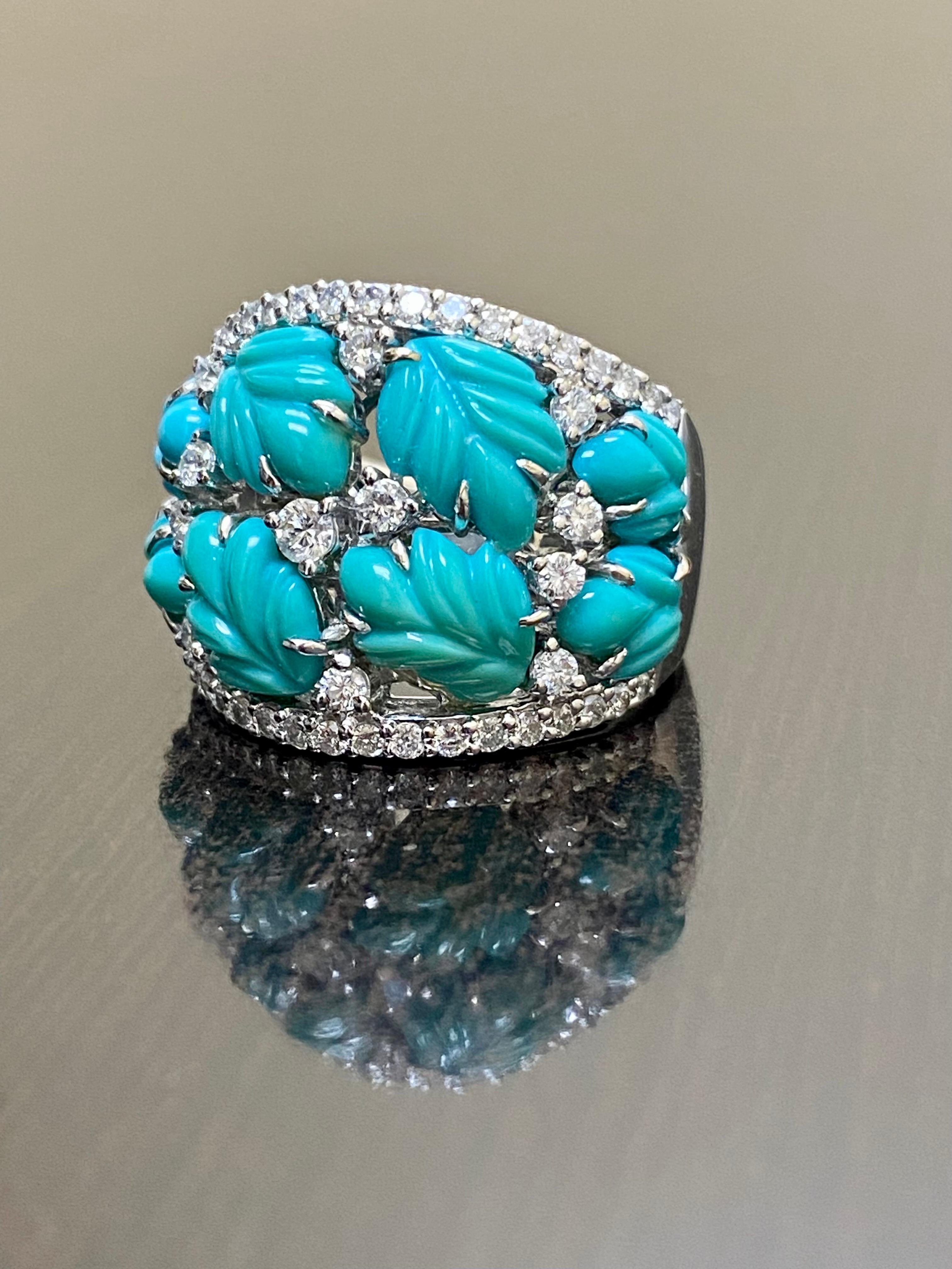 Art Deco One of a Kind Handmade 18K White Gold Carved Turquoise Diamond Cocktail Ring For Sale