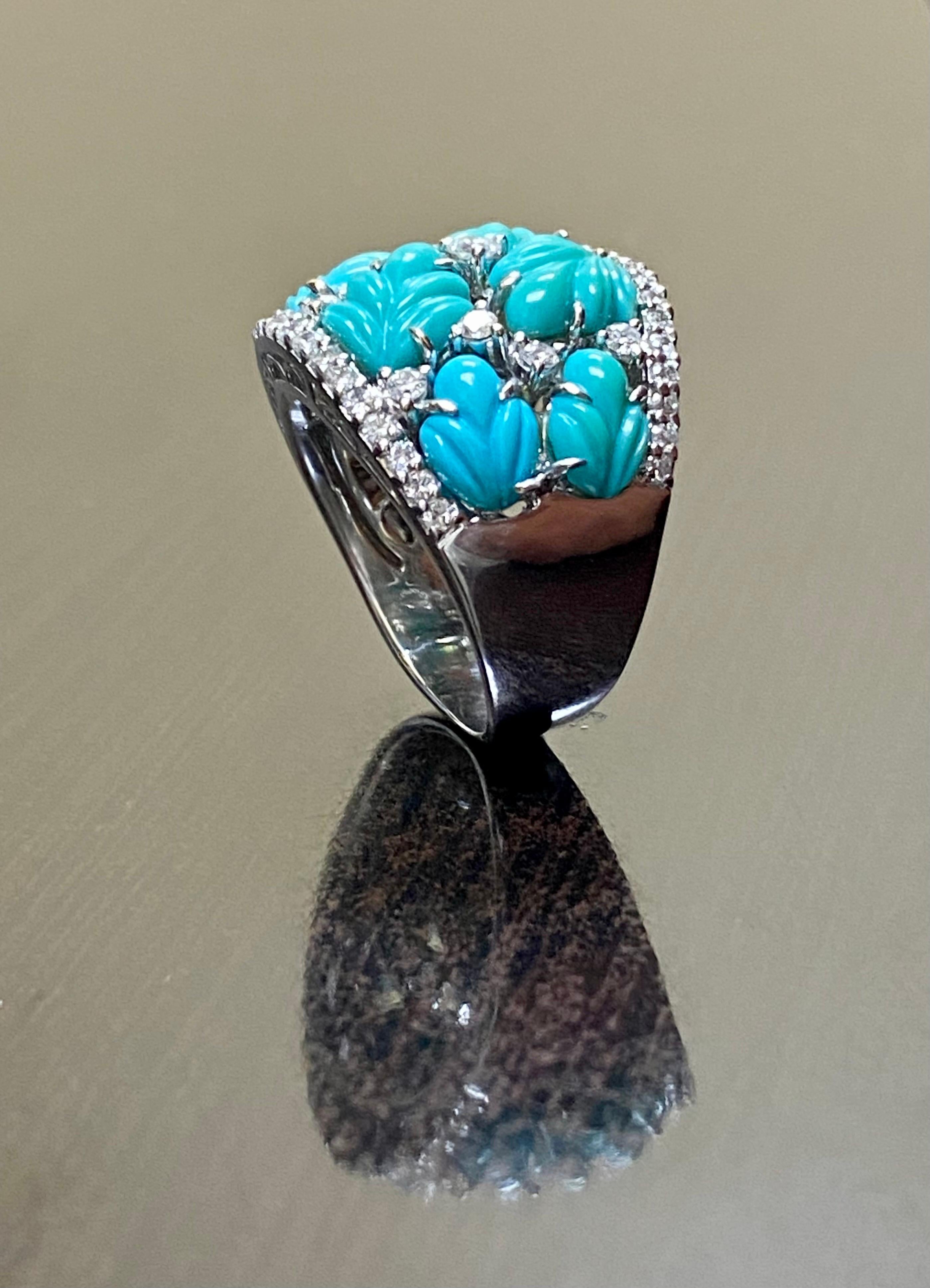 Round Cut One of a Kind Handmade 18K White Gold Carved Turquoise Diamond Cocktail Ring For Sale