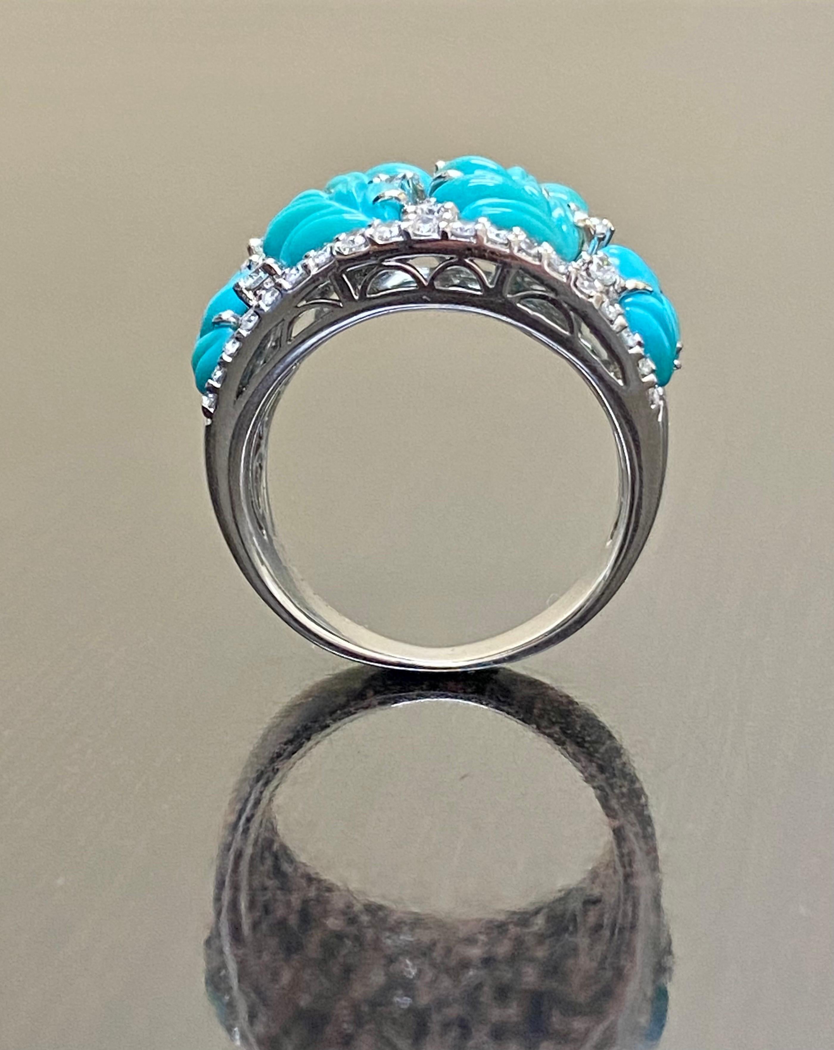 One of a Kind Handmade 18K White Gold Carved Turquoise Diamond Cocktail Ring In New Condition For Sale In Los Angeles, CA