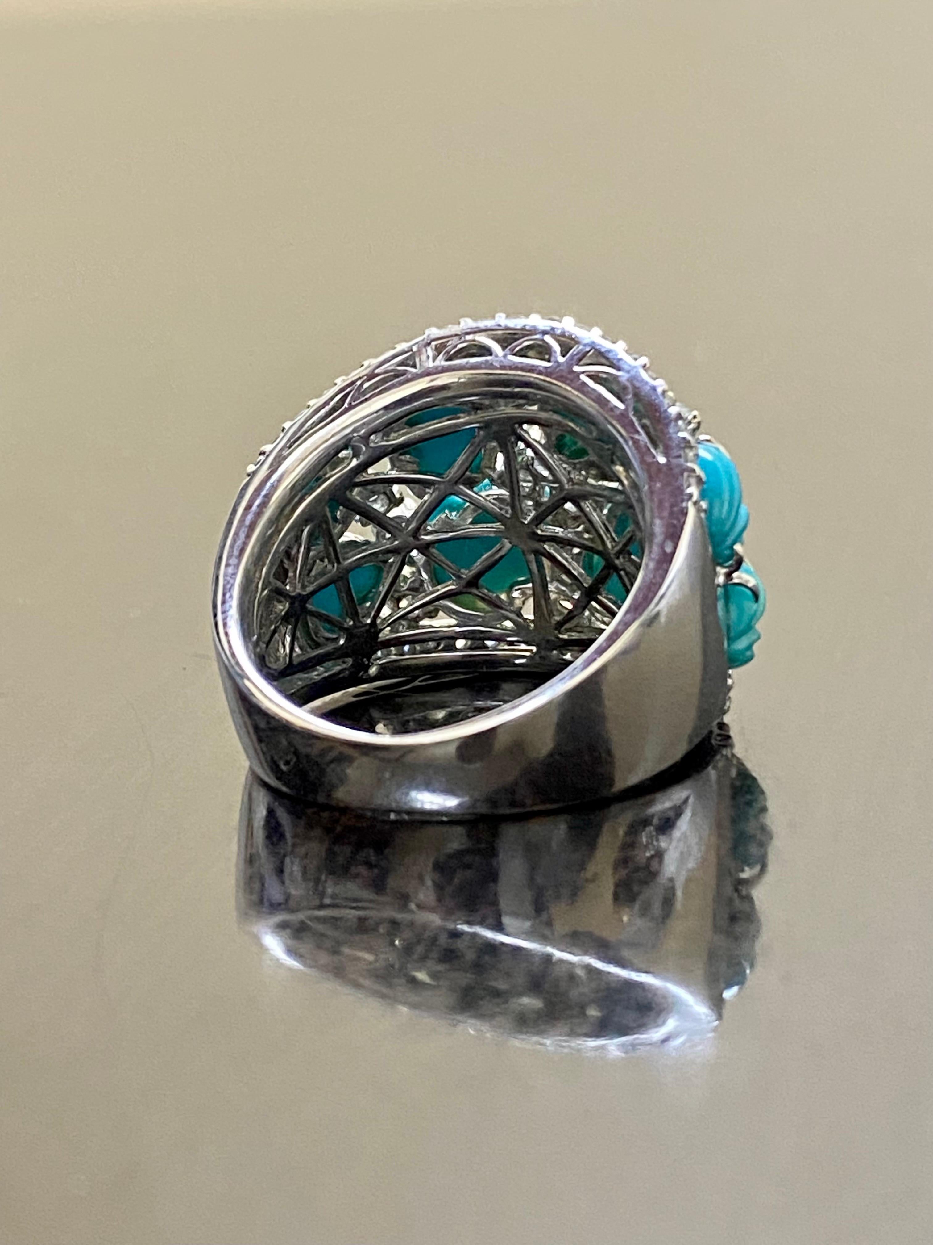 Women's One of a Kind Handmade 18K White Gold Carved Turquoise Diamond Cocktail Ring For Sale