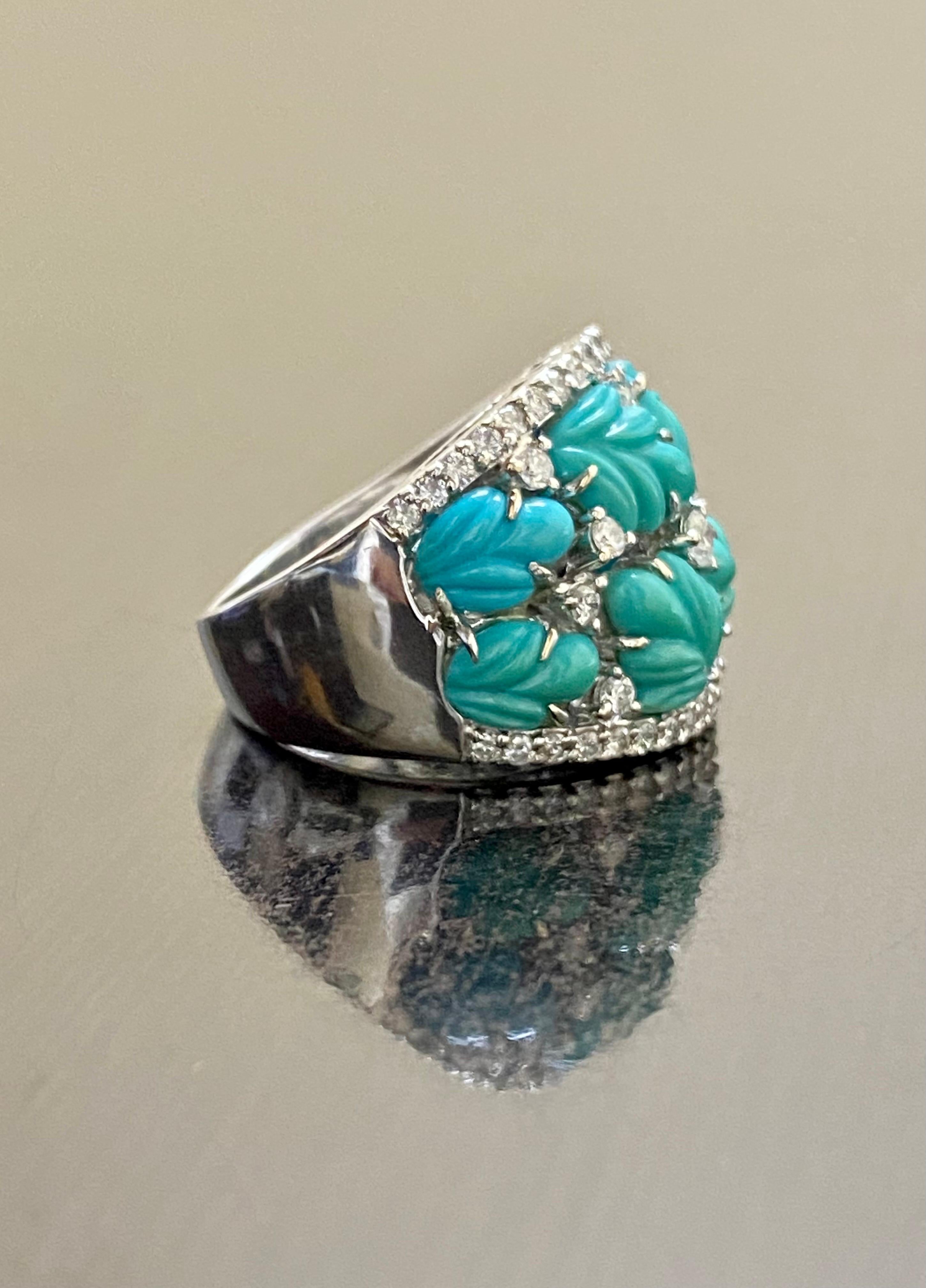 One of a Kind Handmade 18K White Gold Carved Turquoise Diamond Cocktail Ring For Sale 1