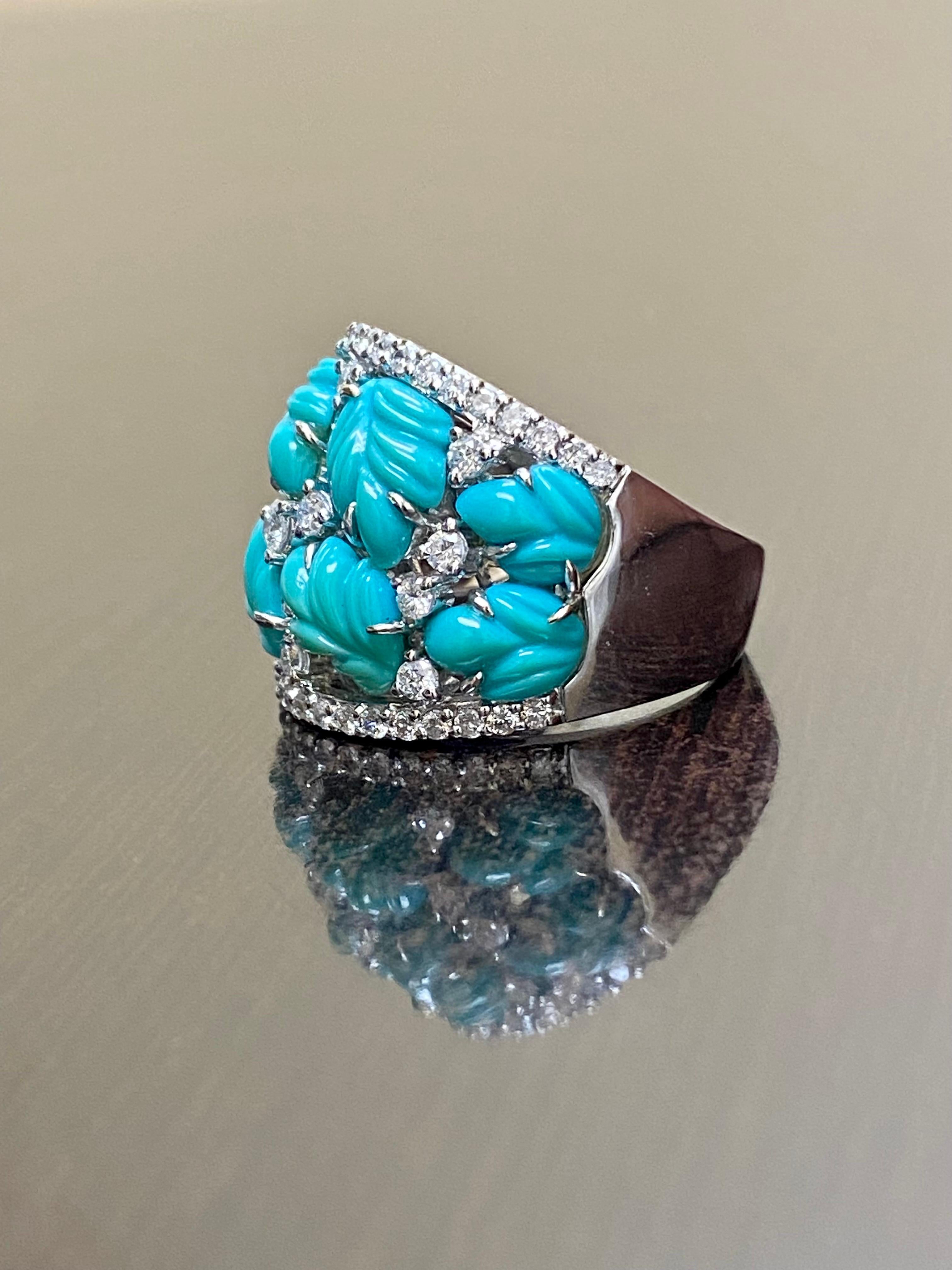 One of a Kind Handmade 18K White Gold Carved Turquoise Diamond Cocktail Ring For Sale 2