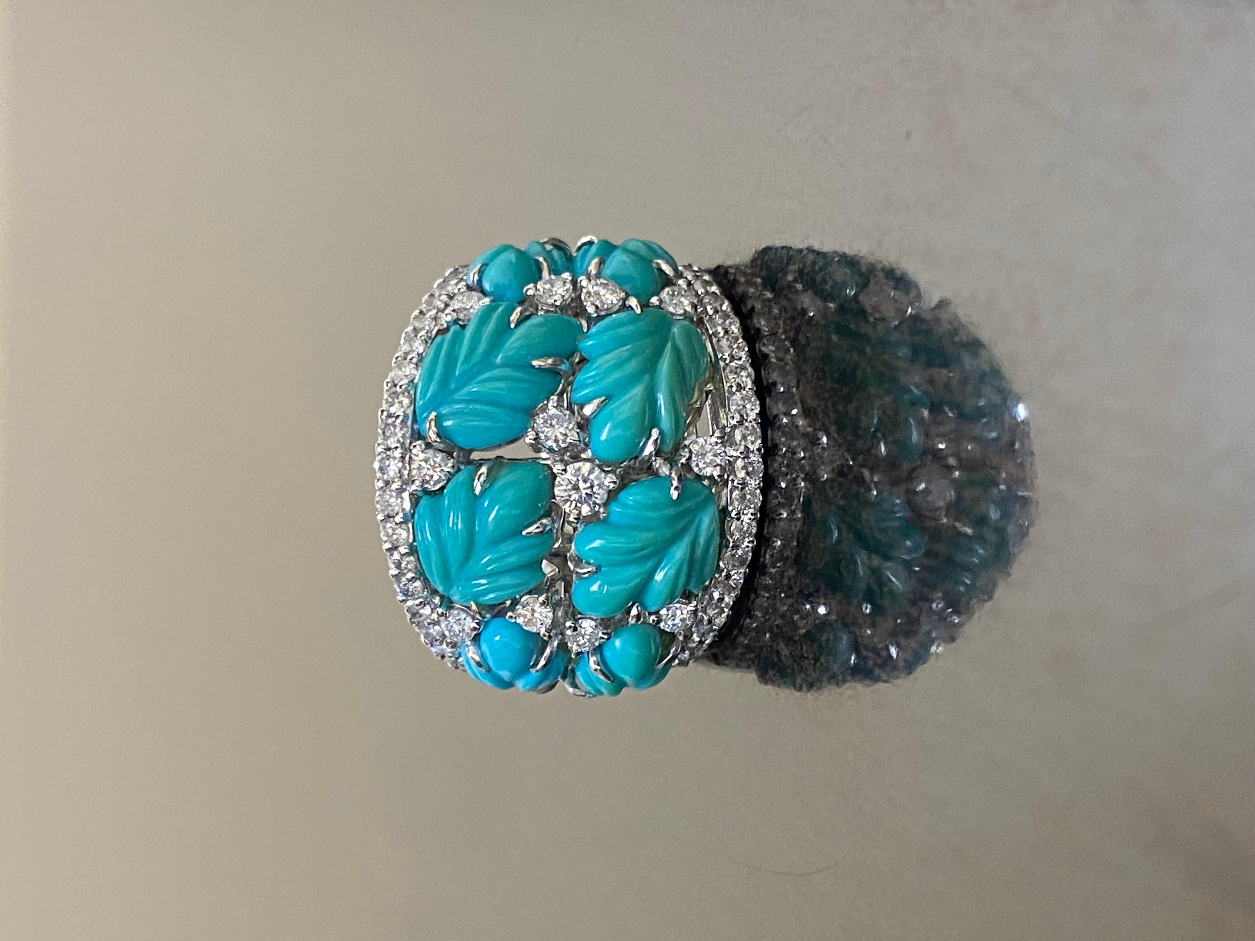 One of a Kind Handmade 18K White Gold Carved Turquoise Diamond Cocktail Ring For Sale 3
