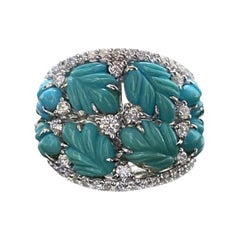 One of a Kind Handmade 18K White Gold Carved Turquoise Diamond Cocktail Ring