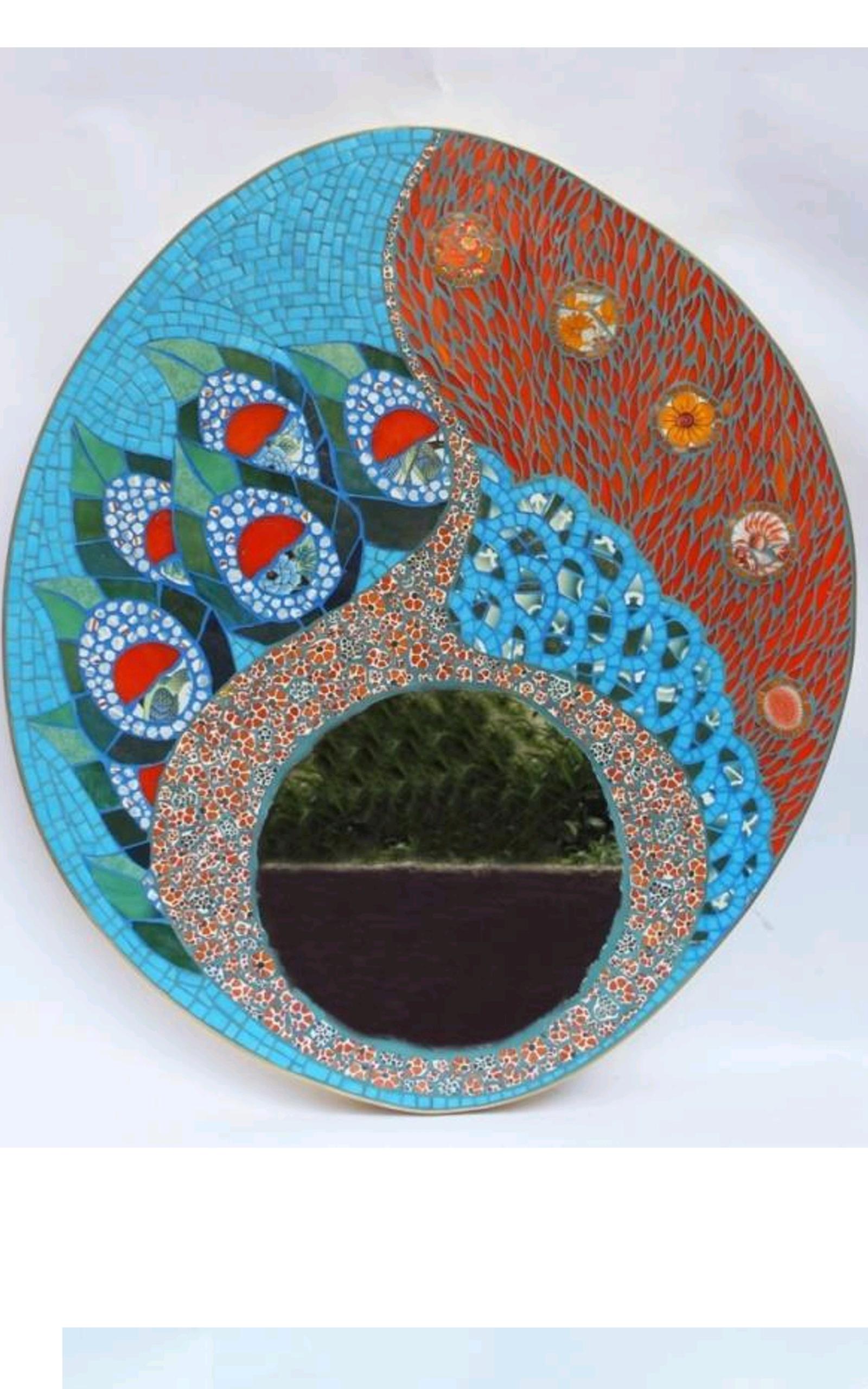 One of a kind stunning mosaic mirror, created by the artist using original vintage small customized covered in fragments of ceramic, porcelain dishes, old China, mirrors, glass, etc. All these different materials are gather together and hand cut one