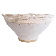 One of a Kind Handmade Ceramic Bowl #781, White Glaze & White Woven Cotton Upper