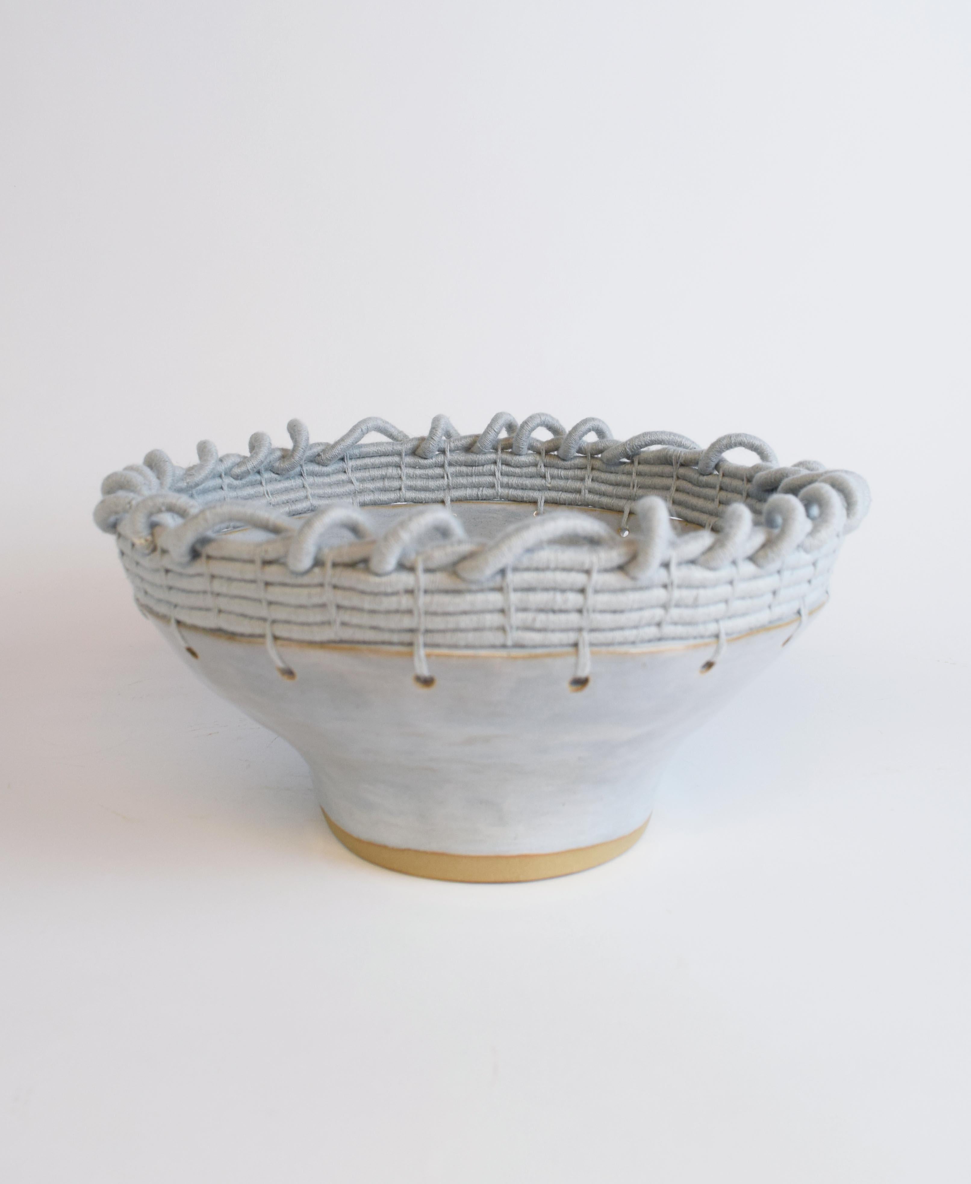 Organic Modern One of a Kind Handmade Ceramic Bowl #782, Light Blue Glaze & Woven Cotton Upper