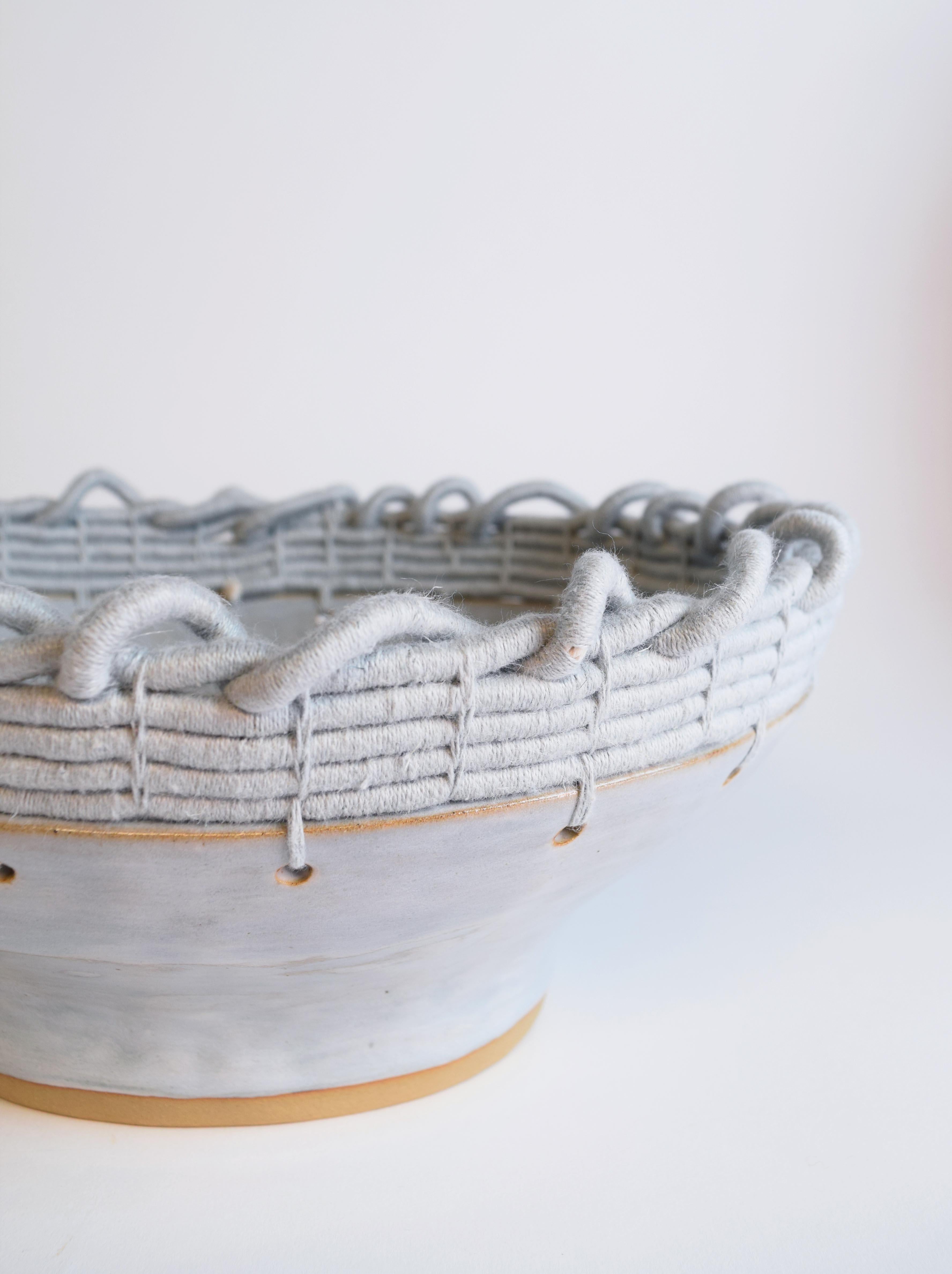 Hand-Crafted One of a Kind Handmade Ceramic Bowl #782, Light Blue Glaze & Woven Cotton Upper