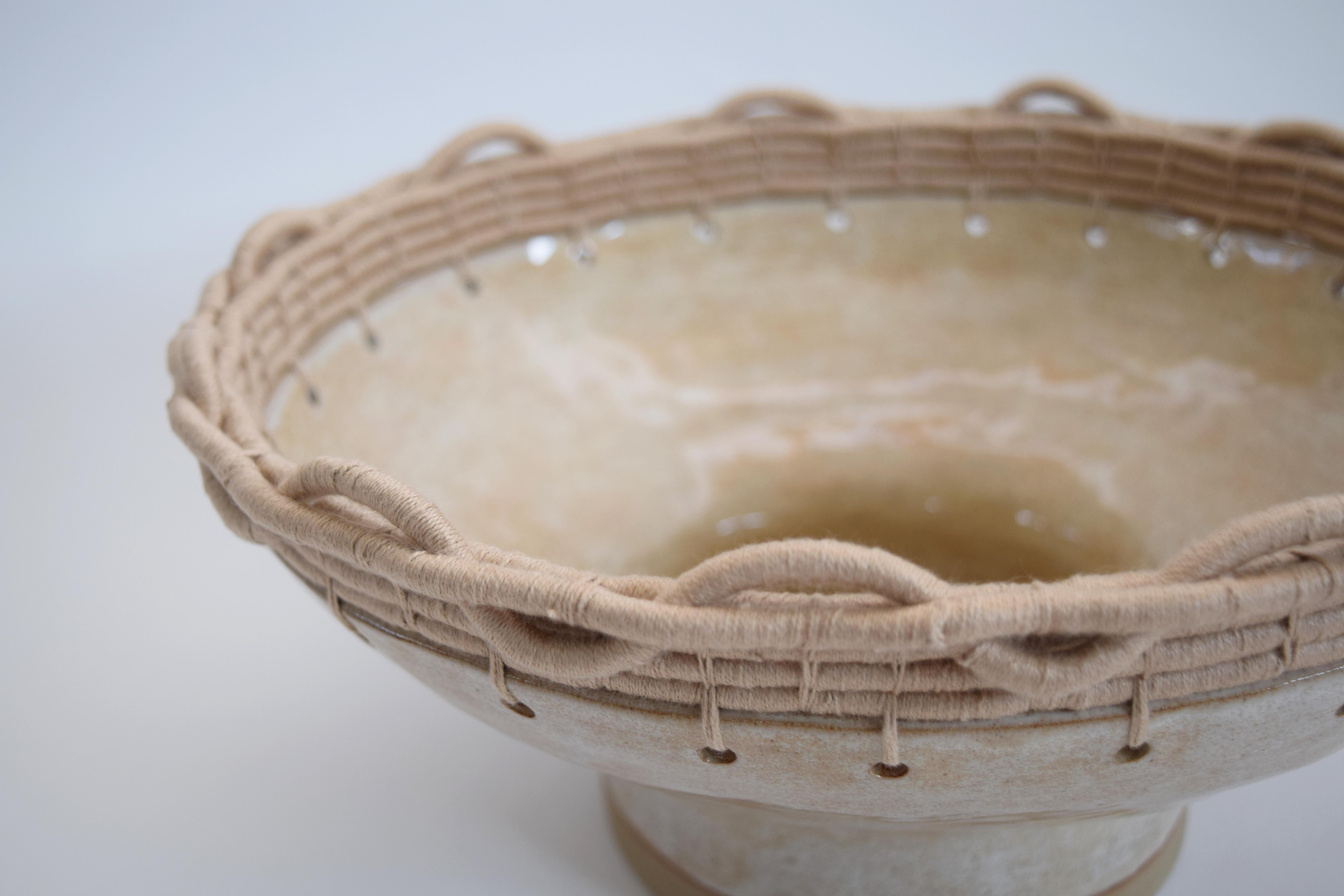 Organic Modern One of a Kind Handmade Ceramic Bowl #792, Light Tan Glaze & Woven Cotton Upper