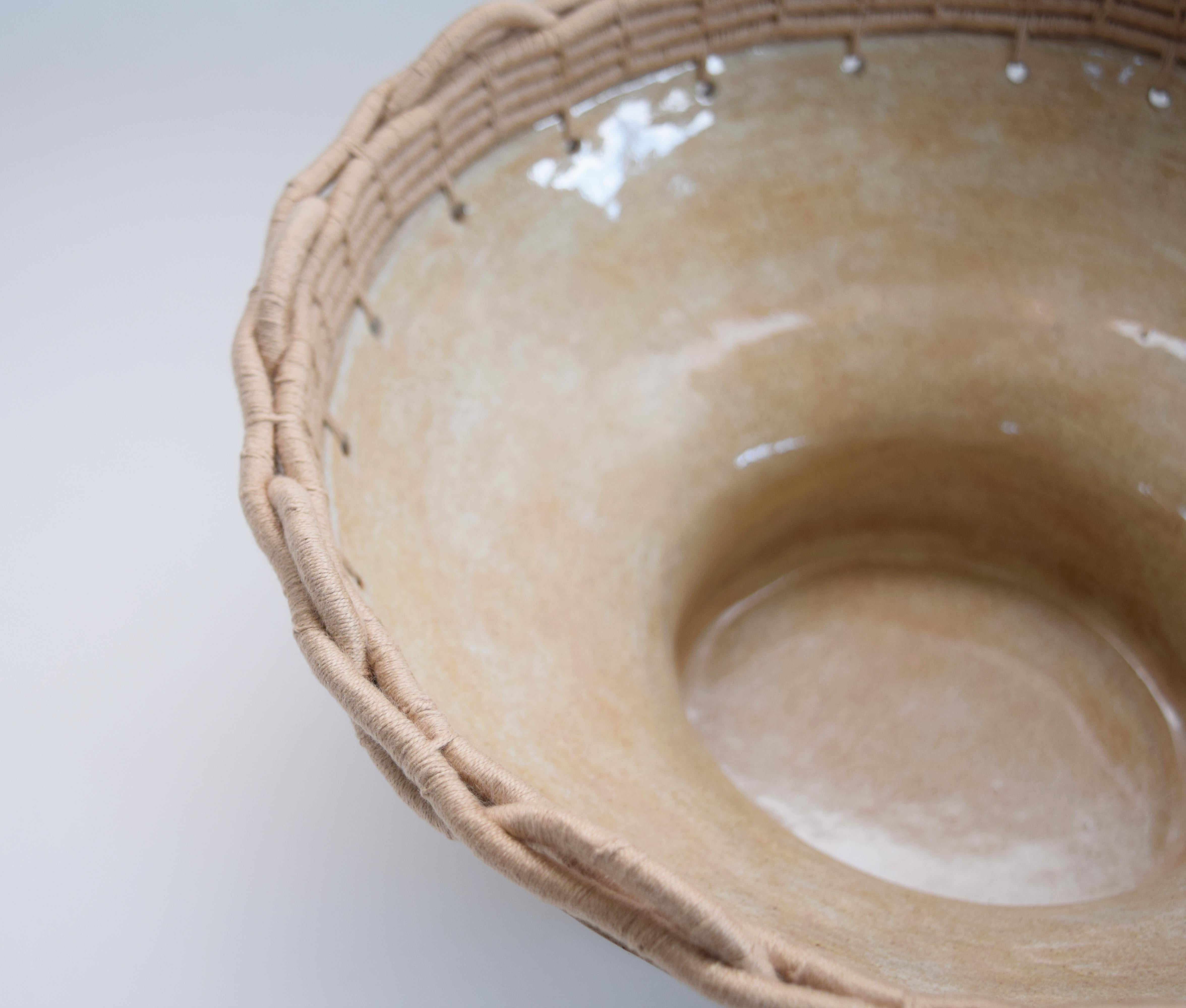 American One of a Kind Handmade Ceramic Bowl #792, Light Tan Glaze & Woven Cotton Upper