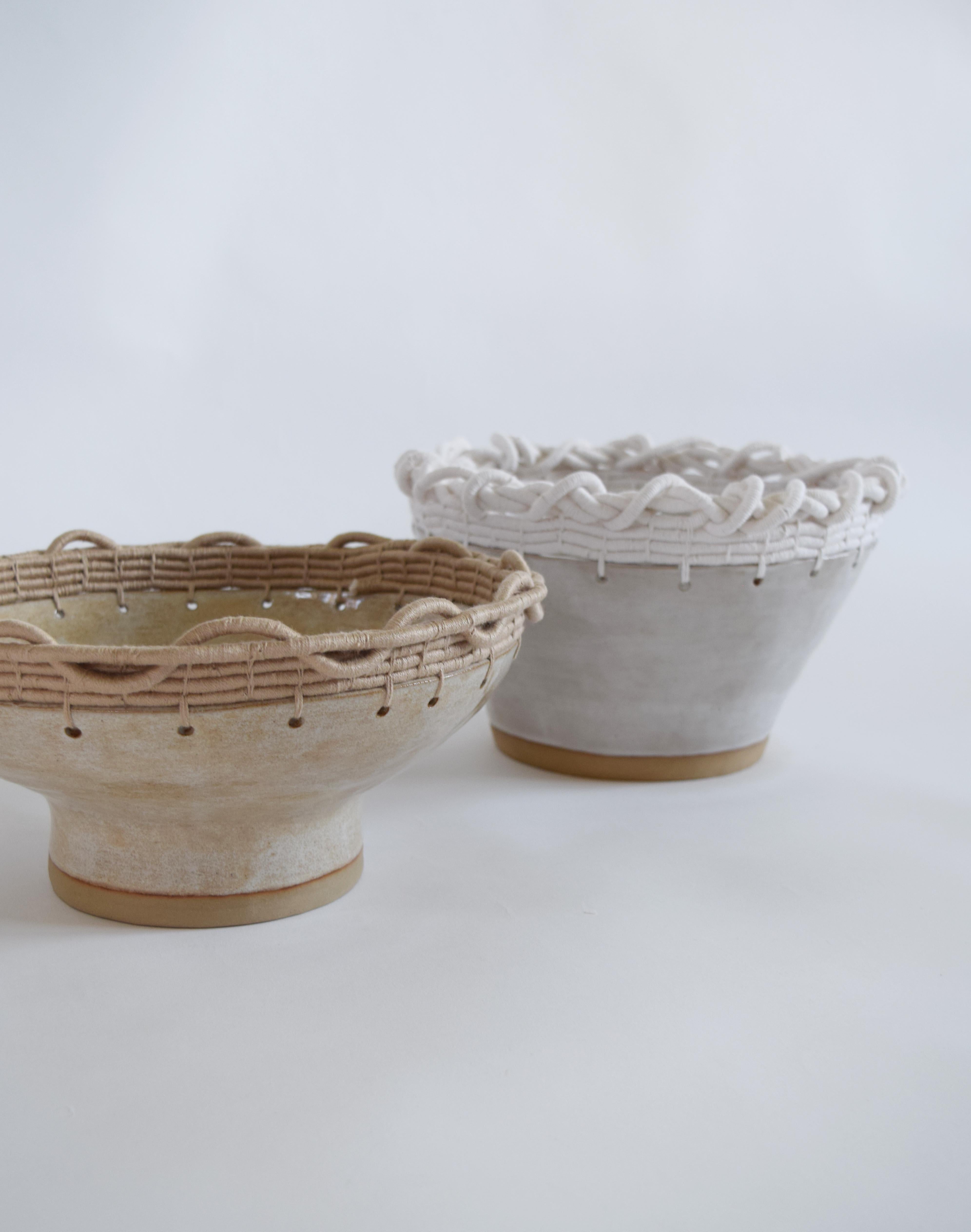Hand-Woven One of a Kind Handmade Ceramic Bowl #792, Light Tan Glaze & Woven Cotton Upper