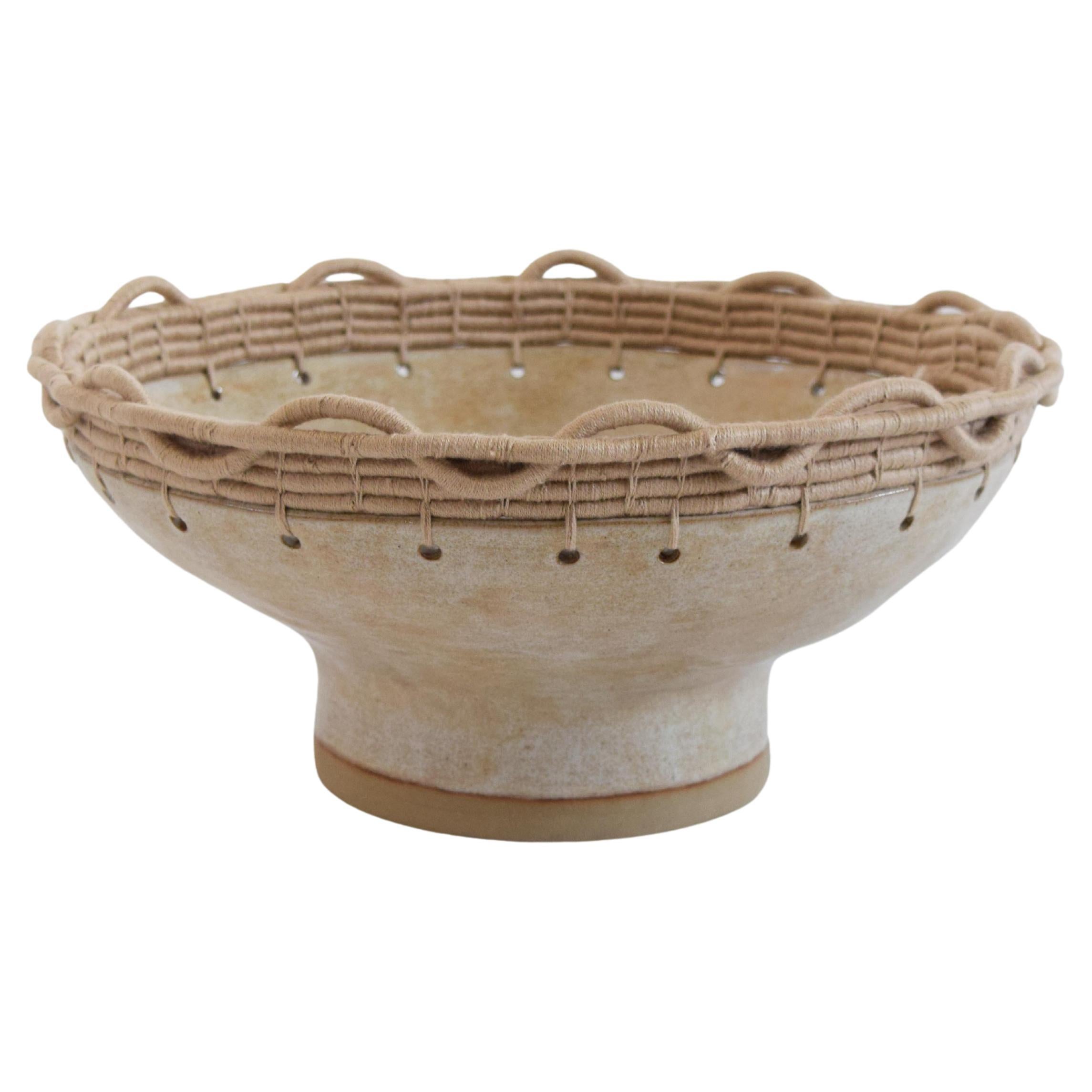 One of a Kind Handmade Ceramic Bowl #792, Light Tan Glaze & Woven Cotton Upper