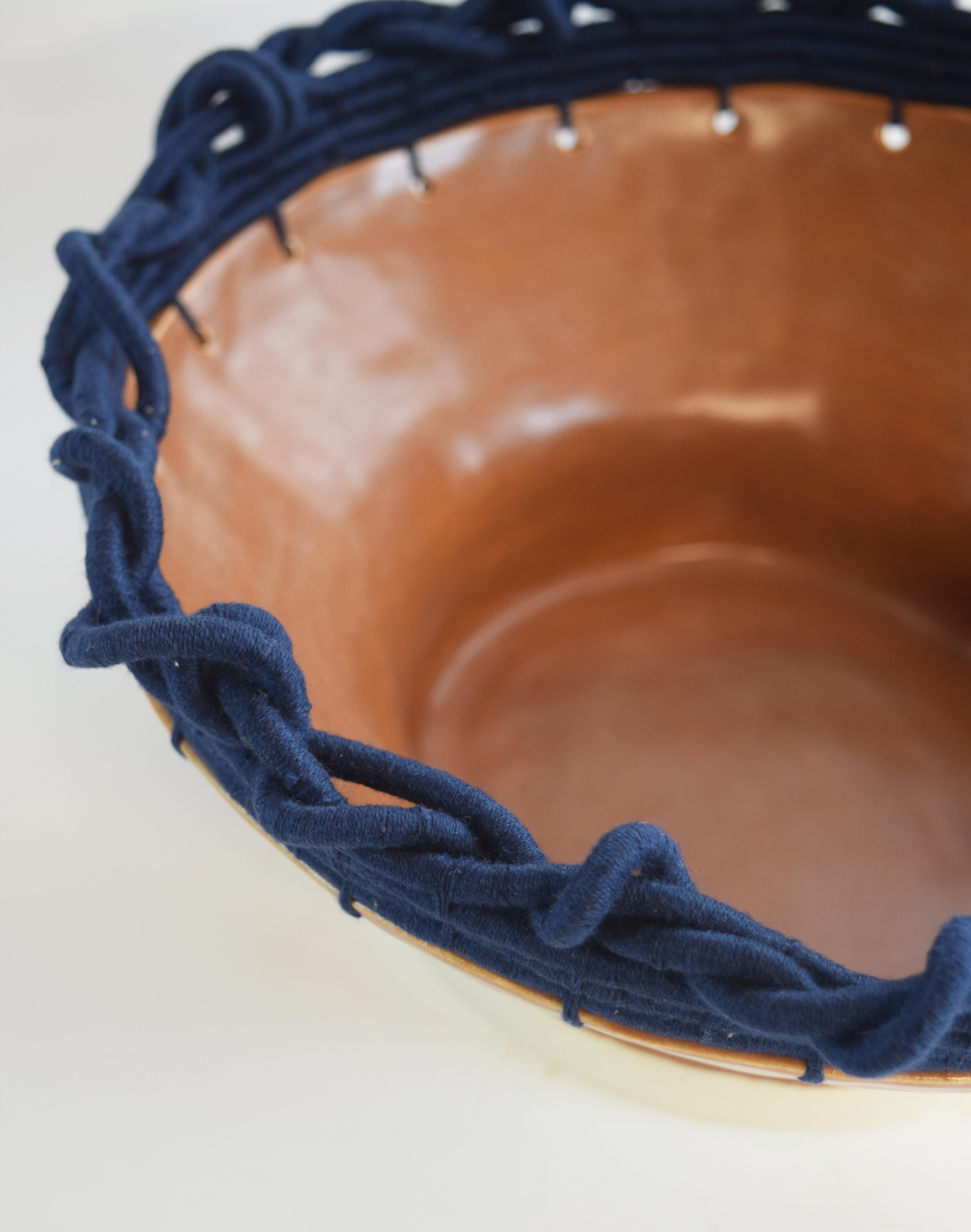 Organic Modern One of a Kind Handmade Ceramic Bowl #803, Brown Glaze & Woven Navy Blue Cotton For Sale