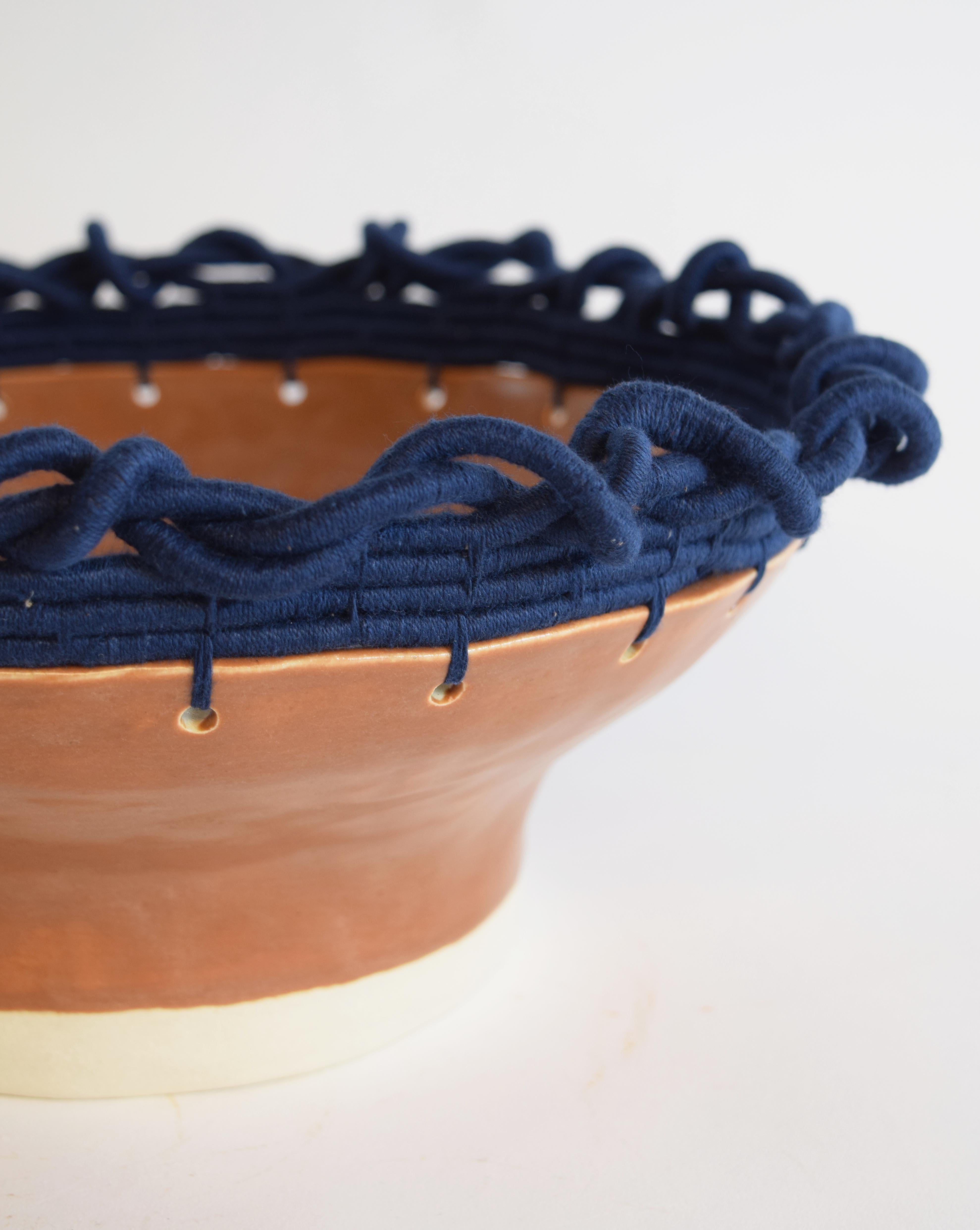 American One of a Kind Handmade Ceramic Bowl #803, Brown Glaze & Woven Navy Blue Cotton For Sale